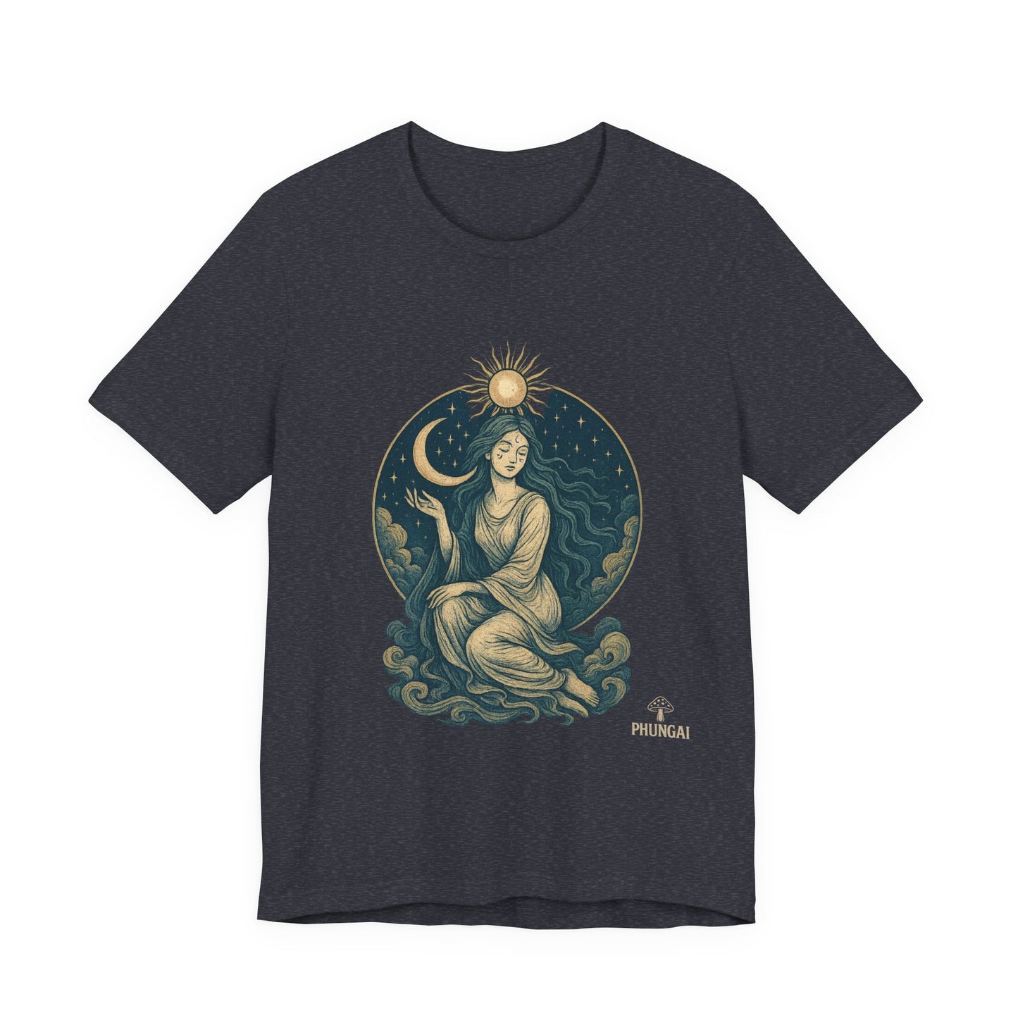 Celestial Goddess Tee, Bohemian Shirt, Moon and Sun Graphic Tee, Unisex Casual Wear, Unique Gift for Dreamers