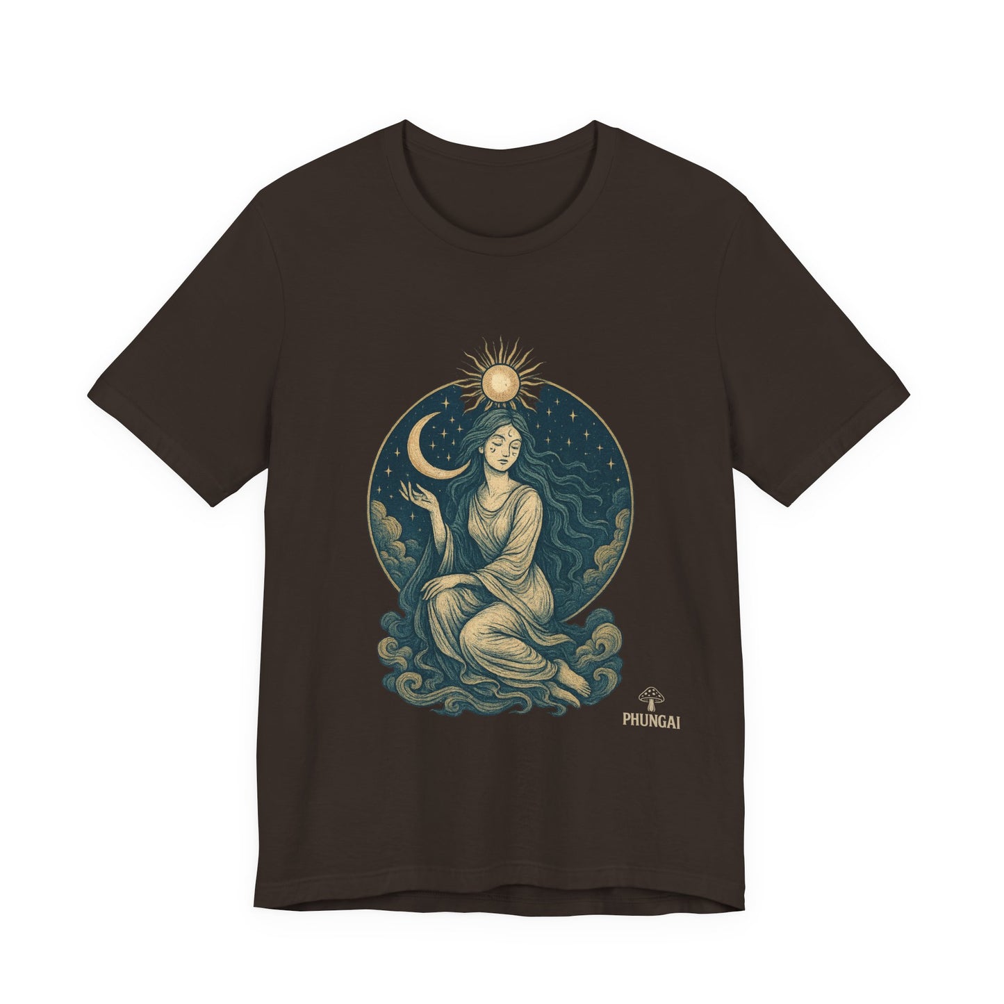 Celestial Goddess Tee, Bohemian Shirt, Moon and Sun Graphic Tee, Unisex Casual Wear, Unique Gift for Dreamers