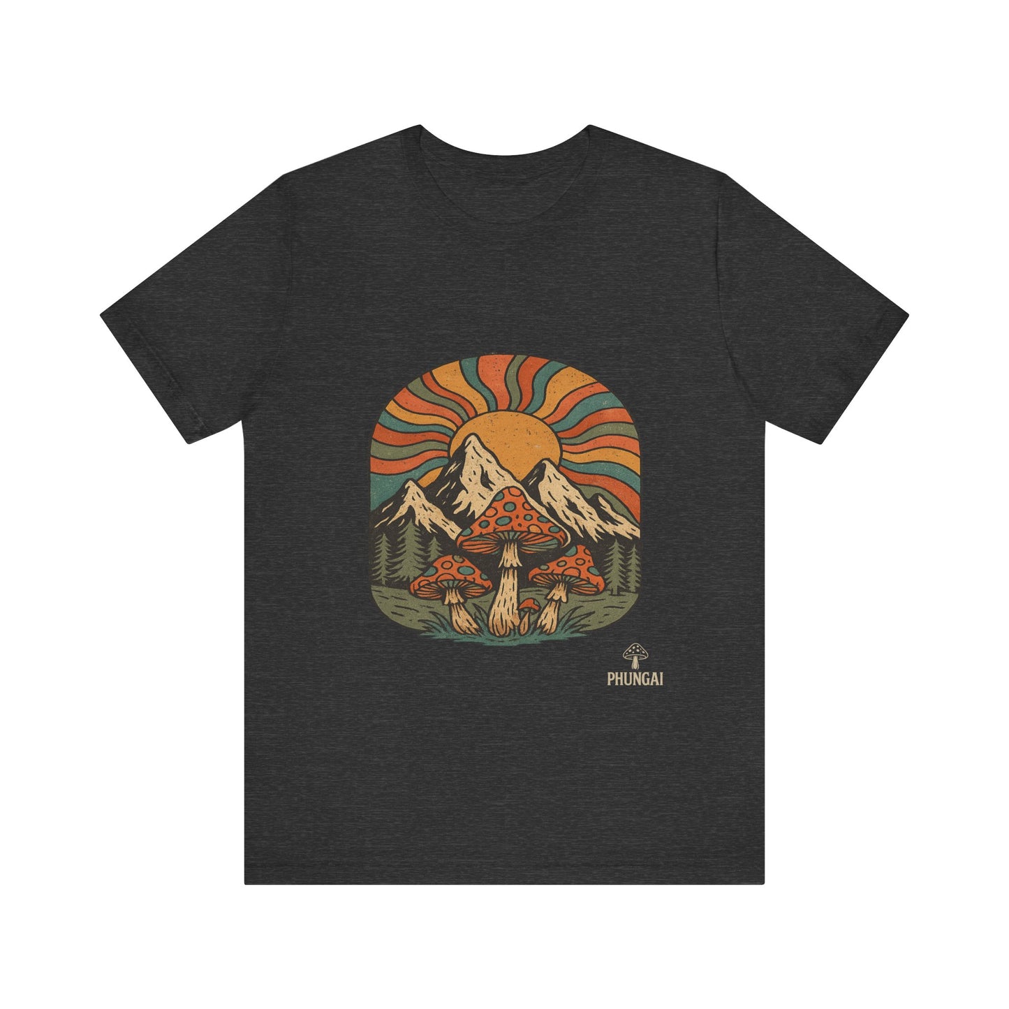 Retro Mountain Mushroom Tee, Nature Lover Gift, Unisex Graphic T-Shirt, Festival Outfit, Boho Style, Outdoor Adventure Apparel