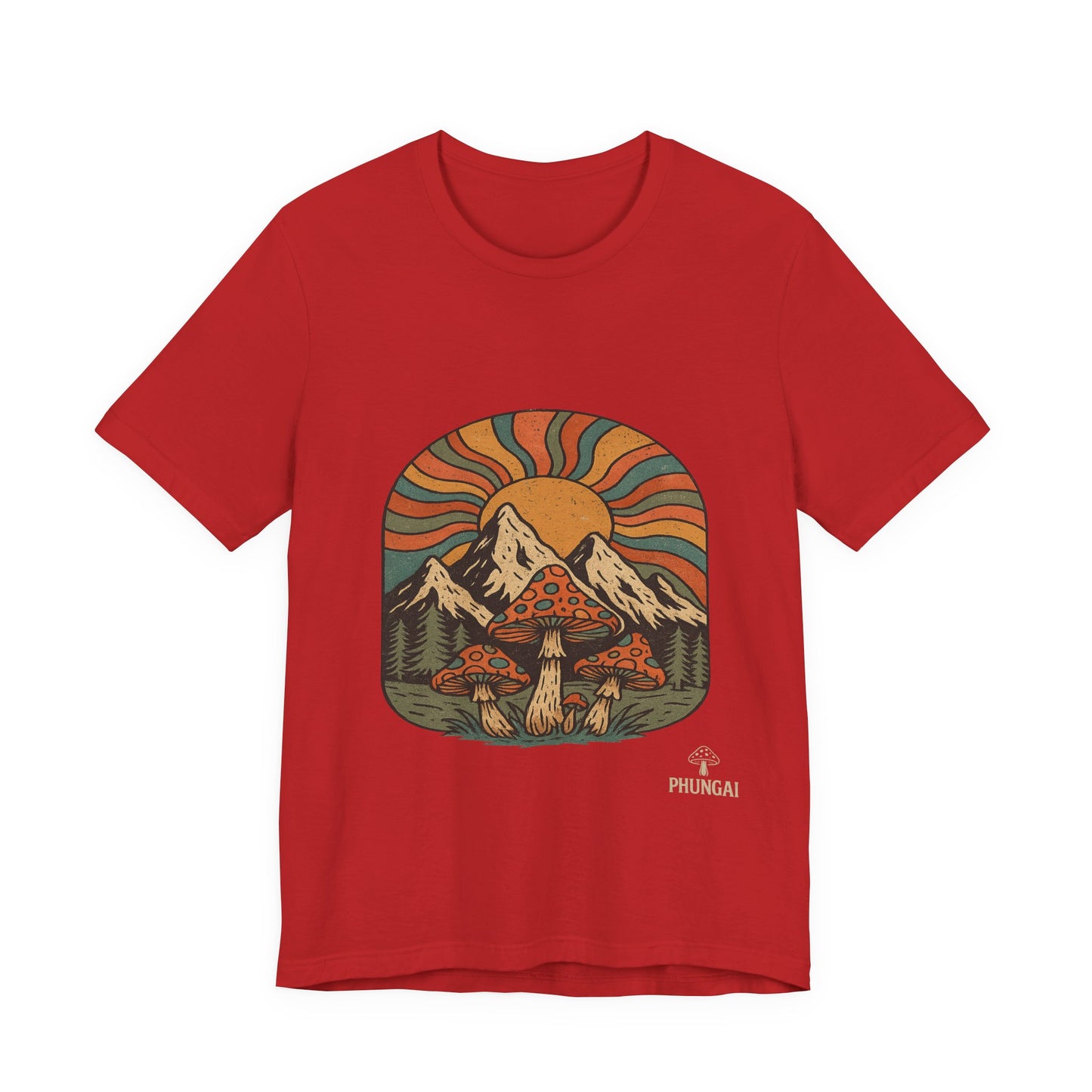 Retro Mountain Mushroom Tee, Nature Lover Gift, Unisex Graphic T-Shirt, Festival Outfit, Boho Style, Outdoor Adventure Apparel