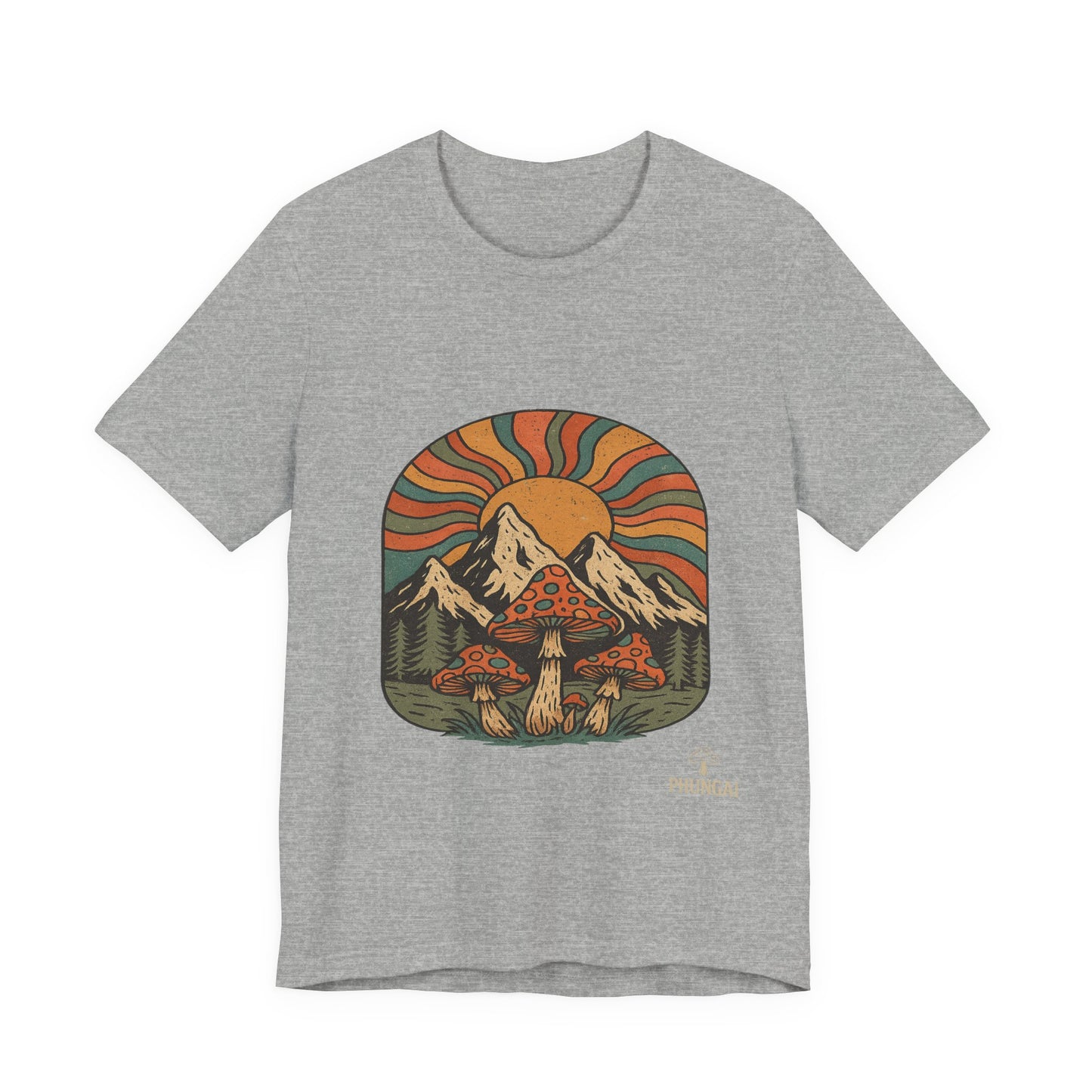 Retro Mountain Mushroom Tee, Nature Lover Gift, Unisex Graphic T-Shirt, Festival Outfit, Boho Style, Outdoor Adventure Apparel
