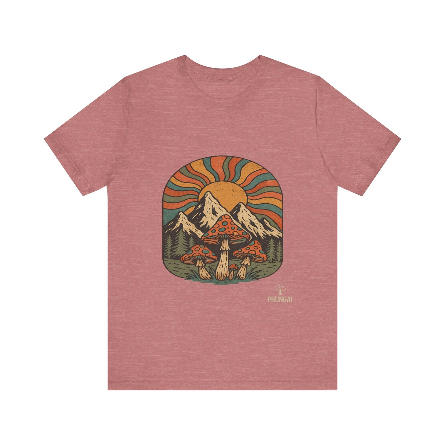 Retro Mountain Mushroom Tee, Nature Lover Gift, Unisex Graphic T-Shirt, Festival Outfit, Boho Style, Outdoor Adventure Apparel