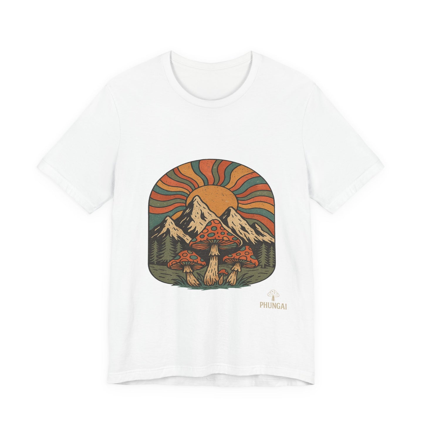 Retro Mountain Mushroom Tee, Nature Lover Gift, Unisex Graphic T-Shirt, Festival Outfit, Boho Style, Outdoor Adventure Apparel