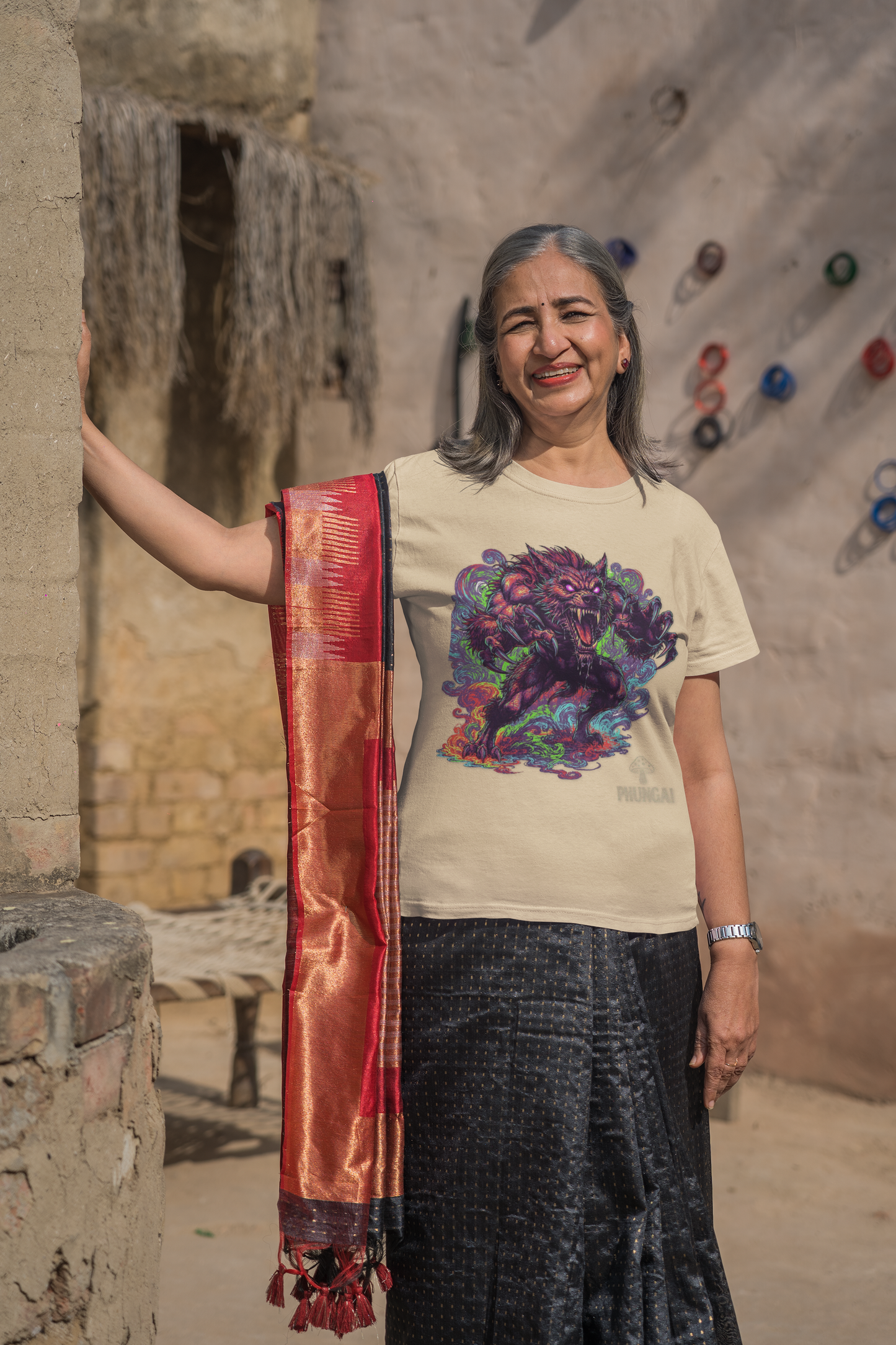 Multicolor Demon Wolf Illustration Tee | Neon Mythic Beast Shirt