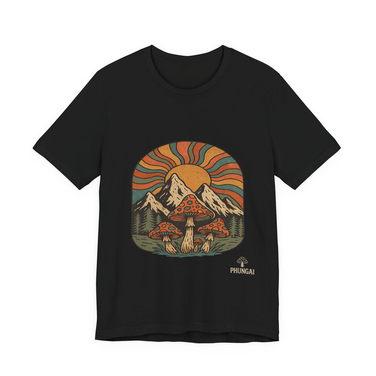 Retro Mountain Mushroom Tee, Nature Lover Gift, Unisex Graphic T-Shirt, Festival Outfit, Boho Style, Outdoor Adventure Apparel