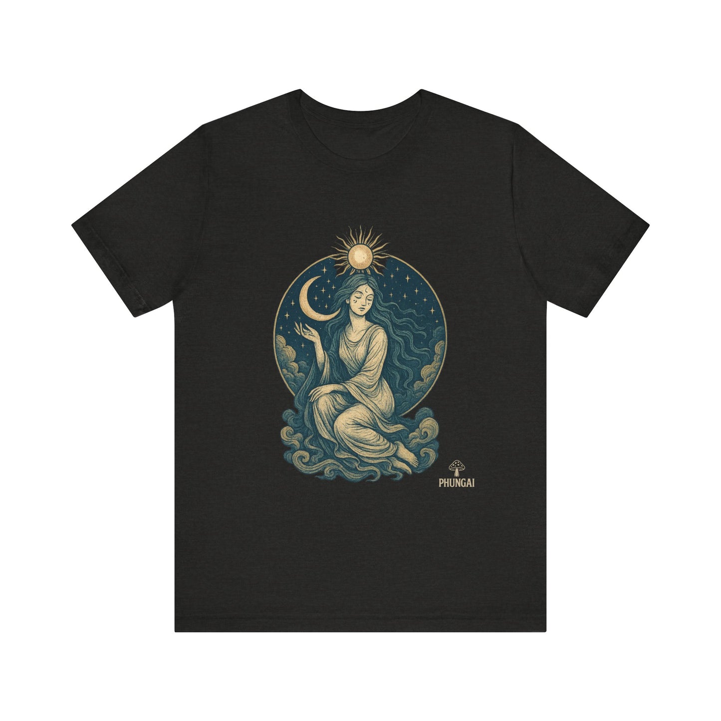 Celestial Goddess Tee, Bohemian Shirt, Moon and Sun Graphic Tee, Unisex Casual Wear, Unique Gift for Dreamers