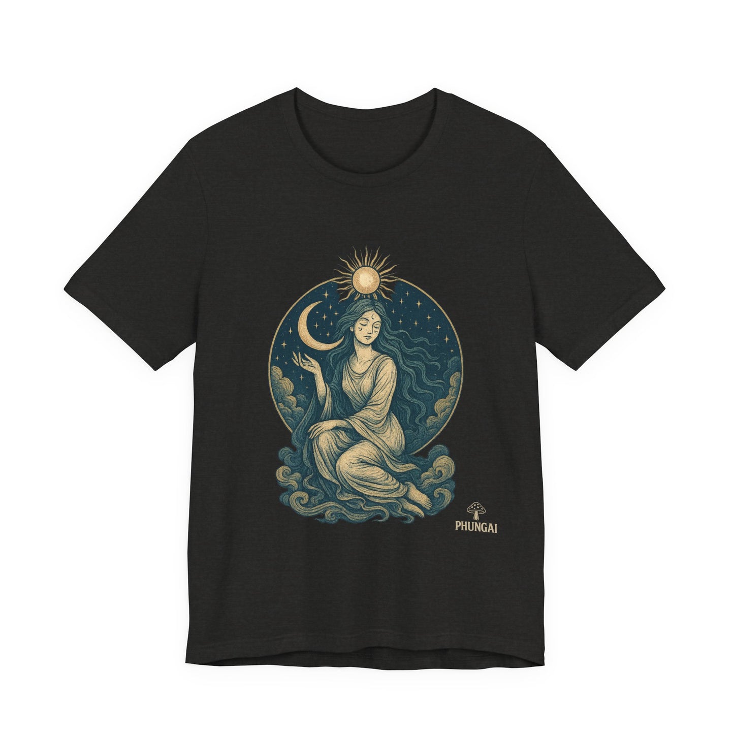 Celestial Goddess Tee, Bohemian Shirt, Moon and Sun Graphic Tee, Unisex Casual Wear, Unique Gift for Dreamers
