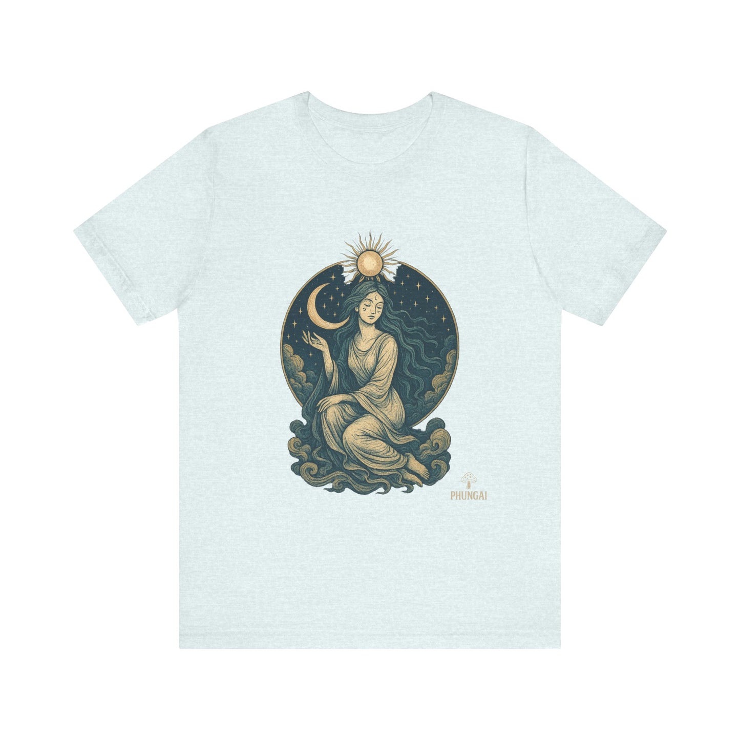 Celestial Goddess Tee, Bohemian Shirt, Moon and Sun Graphic Tee, Unisex Casual Wear, Unique Gift for Dreamers