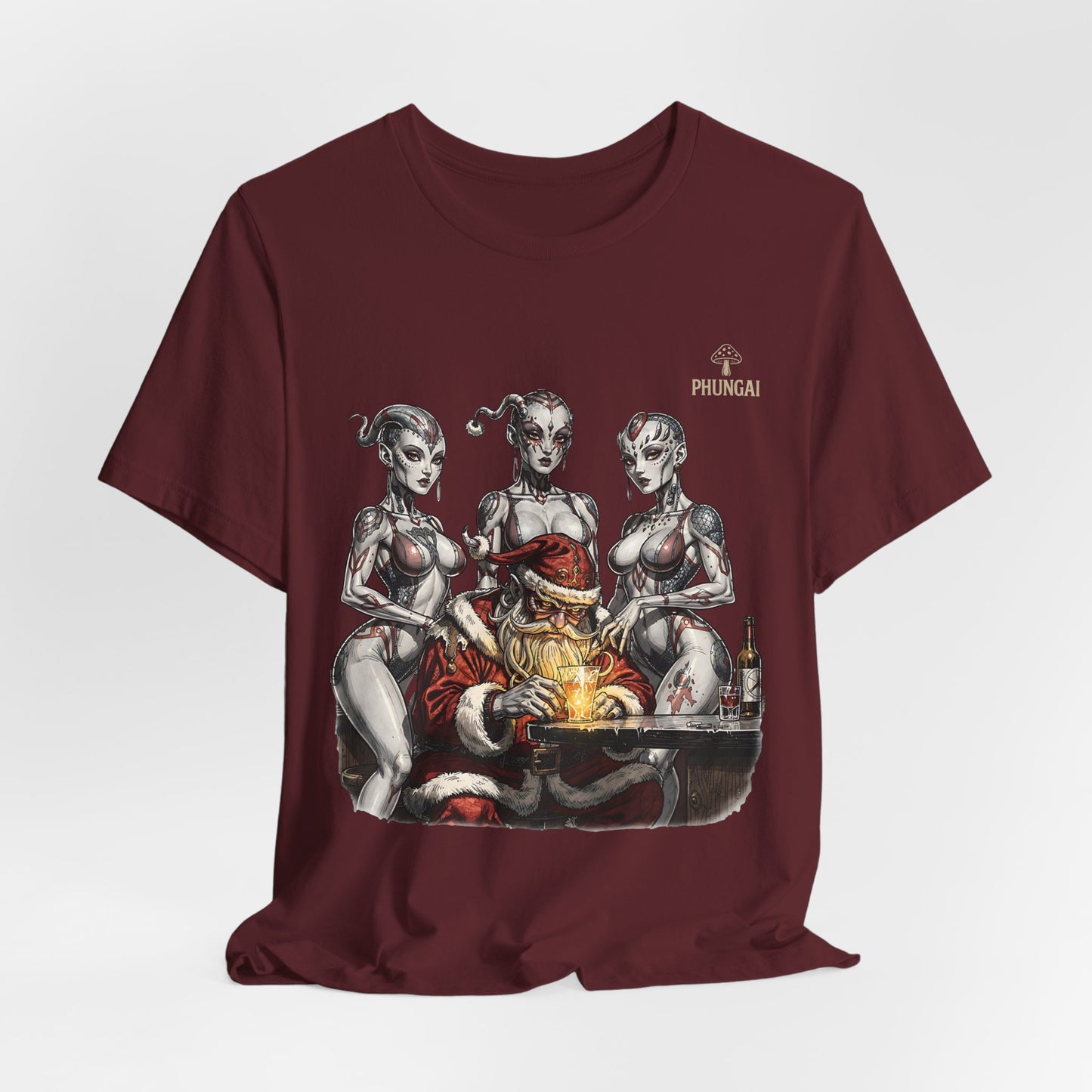 Horror Santa Pinup T-Shirt — Santa Surrounded by Zombie Pinup Girls Christmas Tee