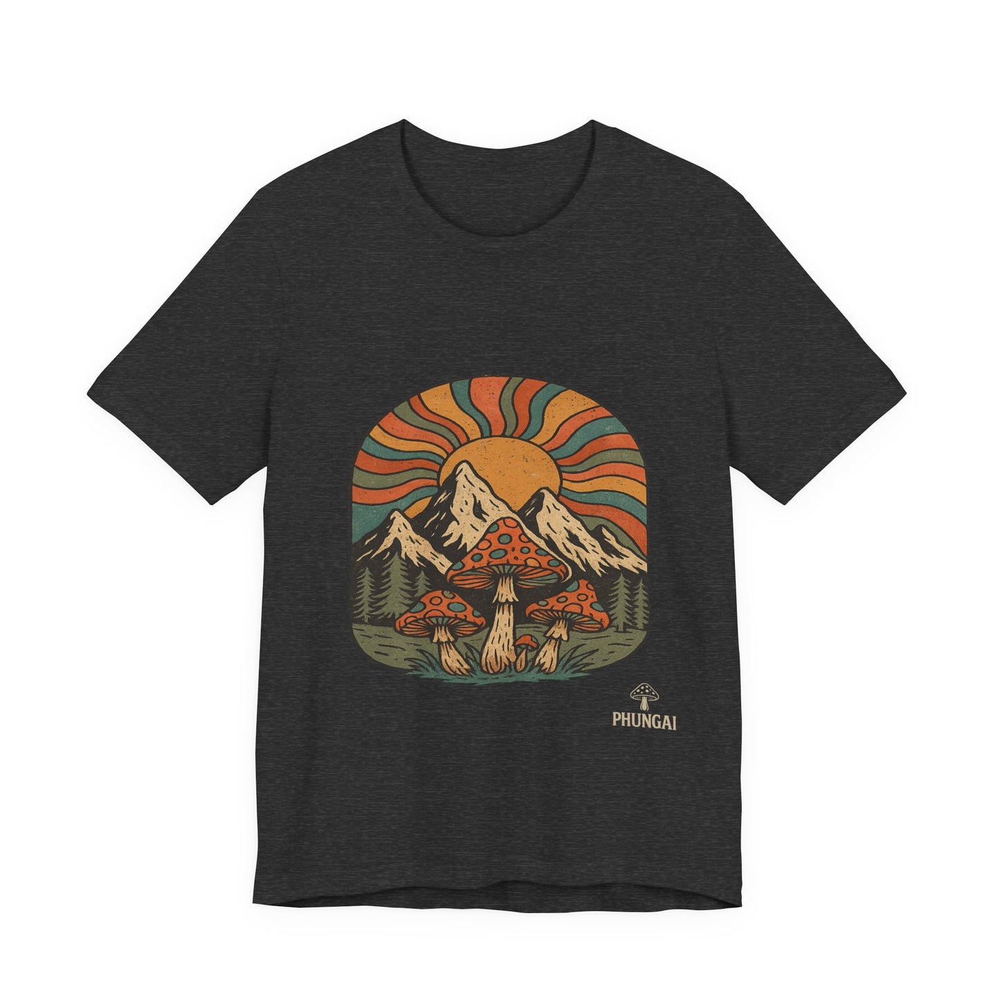 Retro Mountain Mushroom Tee, Nature Lover Gift, Unisex Graphic T-Shirt, Festival Outfit, Boho Style, Outdoor Adventure Apparel
