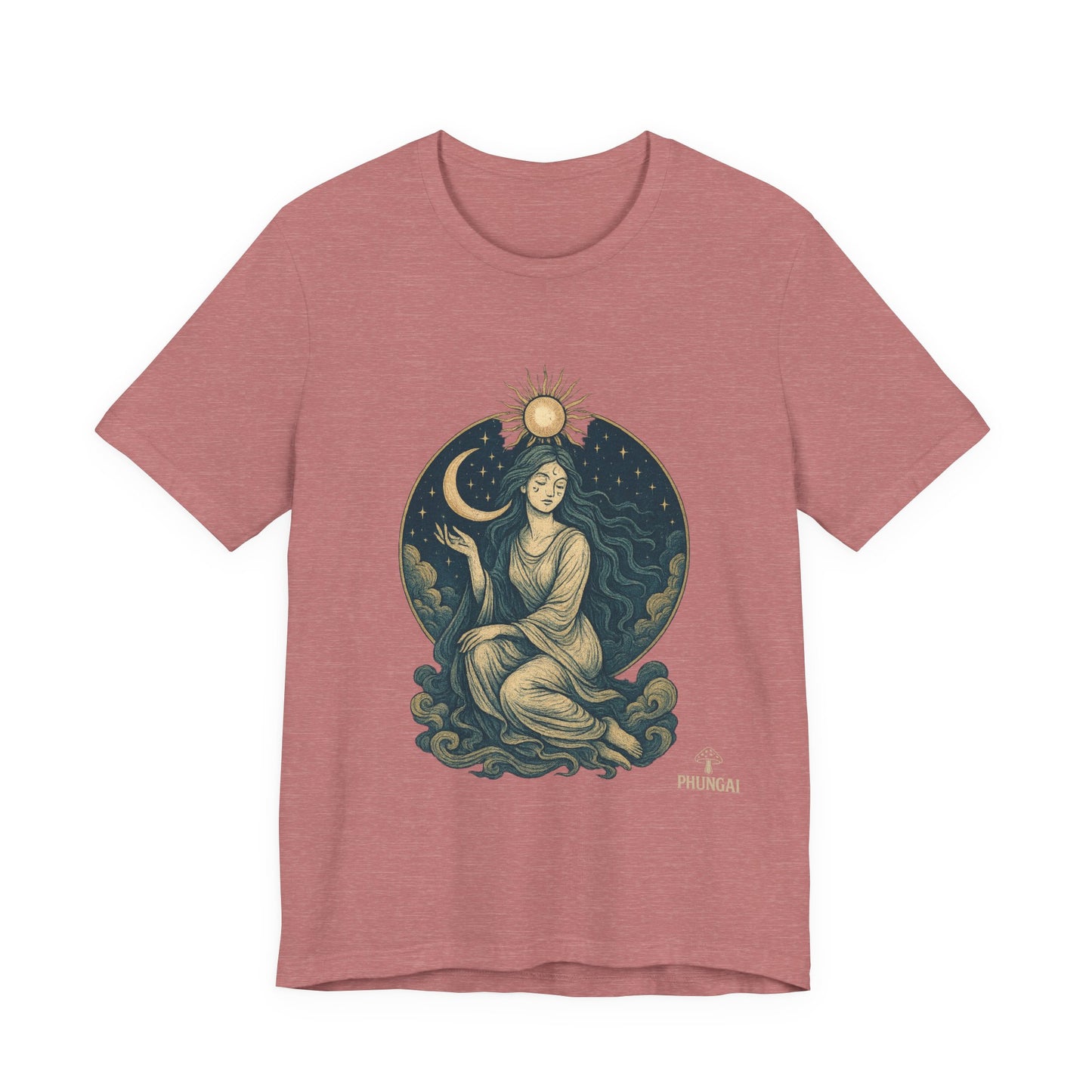 Celestial Goddess Tee, Bohemian Shirt, Moon and Sun Graphic Tee, Unisex Casual Wear, Unique Gift for Dreamers