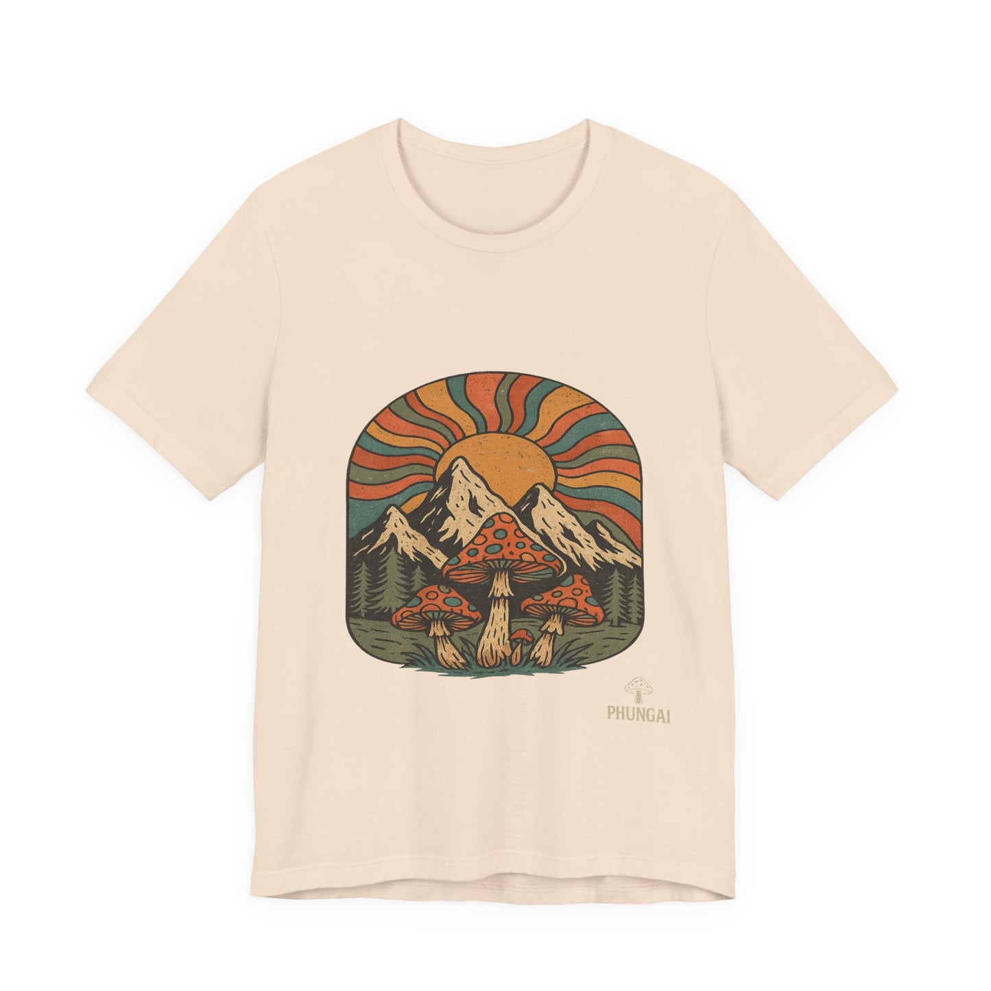 Retro Mountain Mushroom Tee, Nature Lover Gift, Unisex Graphic T-Shirt, Festival Outfit, Boho Style, Outdoor Adventure Apparel