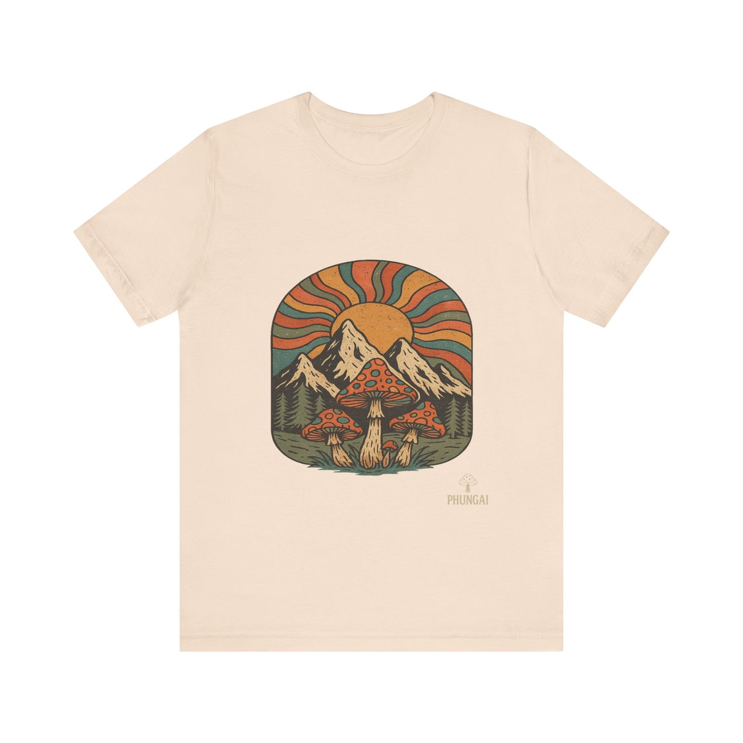 Retro Mountain Mushroom Tee, Nature Lover Gift, Unisex Graphic T-Shirt, Festival Outfit, Boho Style, Outdoor Adventure Apparel