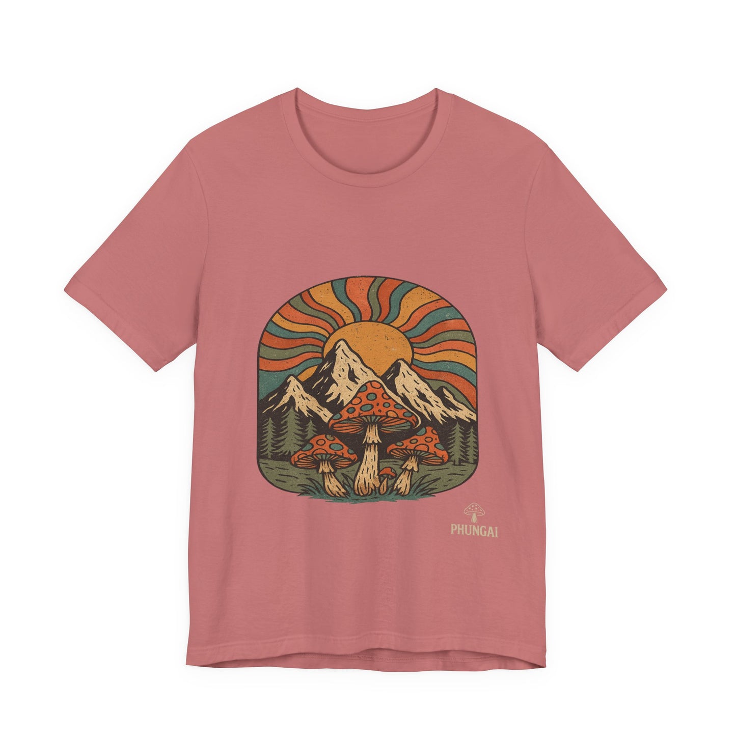 Retro Mountain Mushroom Tee, Nature Lover Gift, Unisex Graphic T-Shirt, Festival Outfit, Boho Style, Outdoor Adventure Apparel