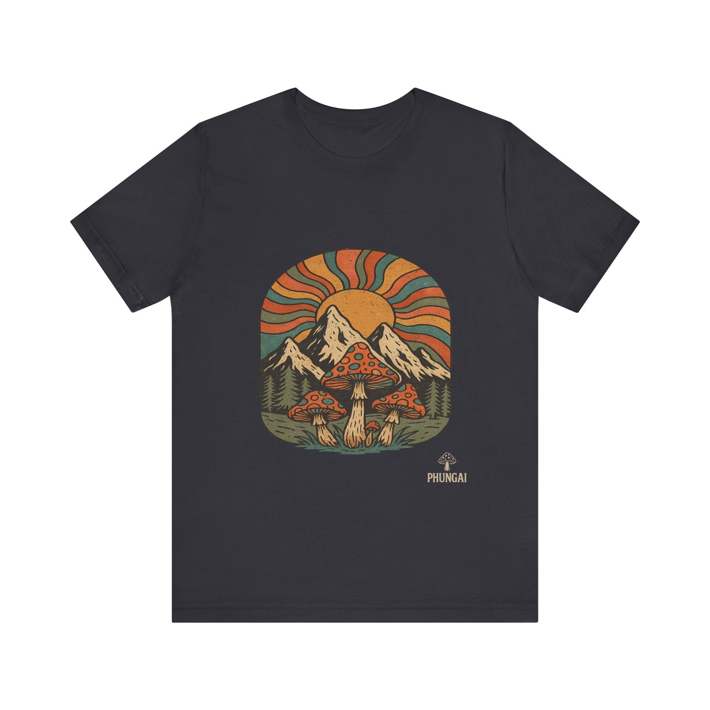 Retro Mountain Mushroom Tee, Nature Lover Gift, Unisex Graphic T-Shirt, Festival Outfit, Boho Style, Outdoor Adventure Apparel