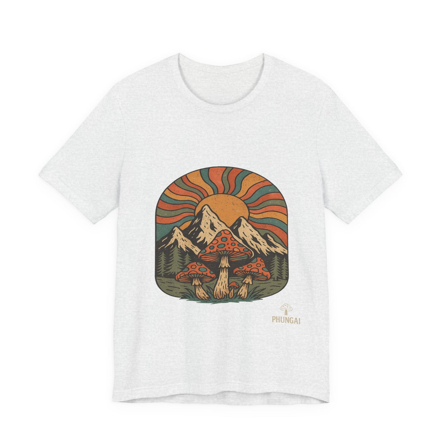 Retro Mountain Mushroom Tee, Nature Lover Gift, Unisex Graphic T-Shirt, Festival Outfit, Boho Style, Outdoor Adventure Apparel