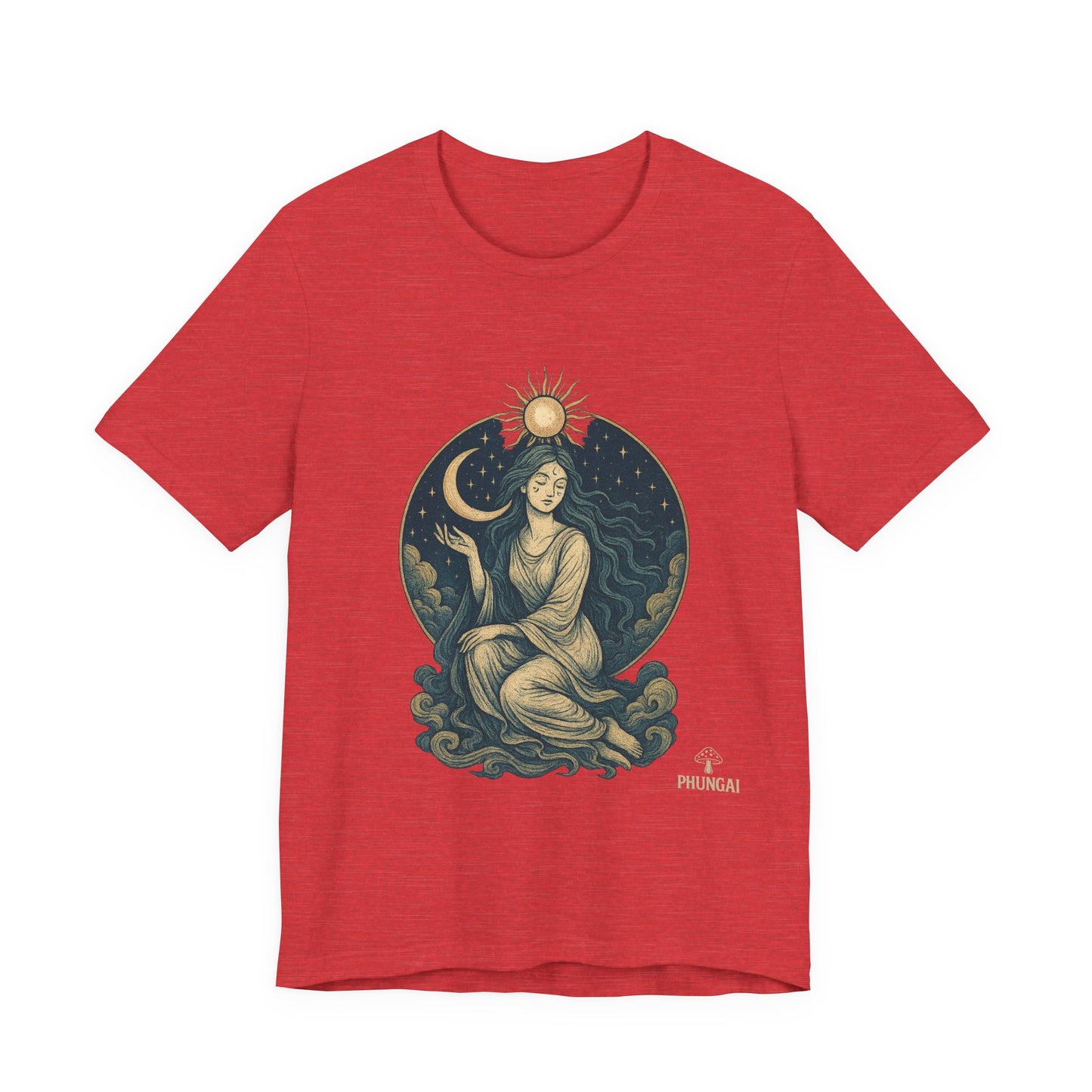 Celestial Goddess Tee, Bohemian Shirt, Moon and Sun Graphic Tee, Unisex Casual Wear, Unique Gift for Dreamers