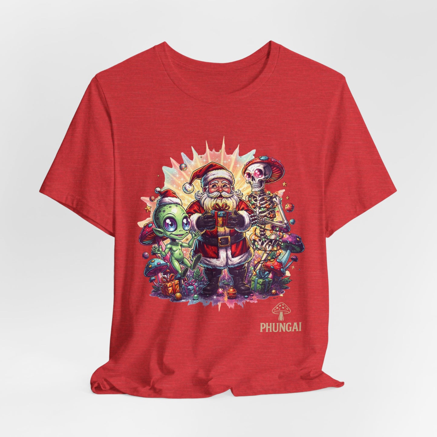 Santa Claus Celebrating with Aliens T-Shirt | Funny Holiday Space Design