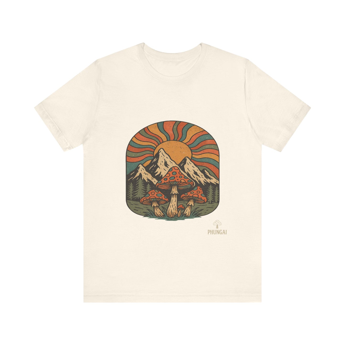 Retro Mountain Mushroom Tee, Nature Lover Gift, Unisex Graphic T-Shirt, Festival Outfit, Boho Style, Outdoor Adventure Apparel