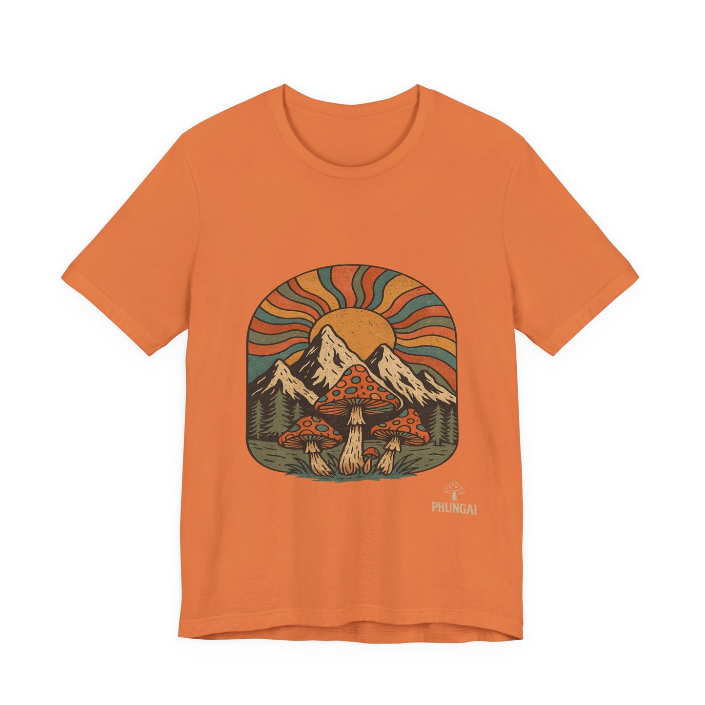 Retro Mountain Mushroom Tee, Nature Lover Gift, Unisex Graphic T-Shirt, Festival Outfit, Boho Style, Outdoor Adventure Apparel