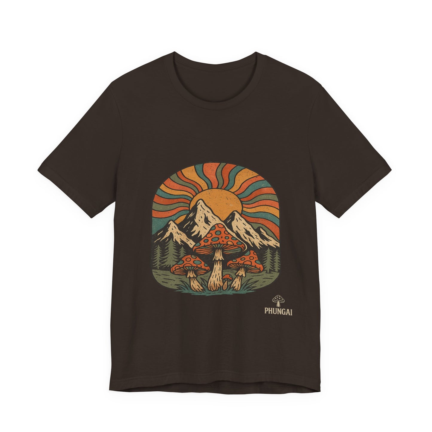 Retro Mountain Mushroom Tee, Nature Lover Gift, Unisex Graphic T-Shirt, Festival Outfit, Boho Style, Outdoor Adventure Apparel