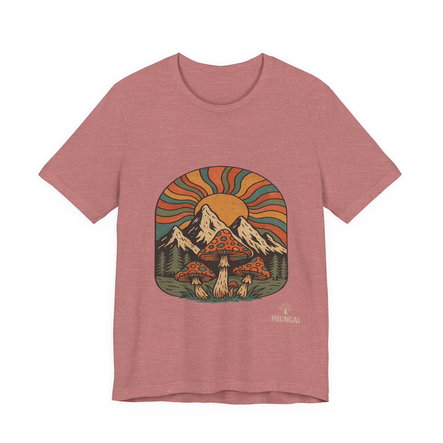 Retro Mountain Mushroom Tee, Nature Lover Gift, Unisex Graphic T-Shirt, Festival Outfit, Boho Style, Outdoor Adventure Apparel