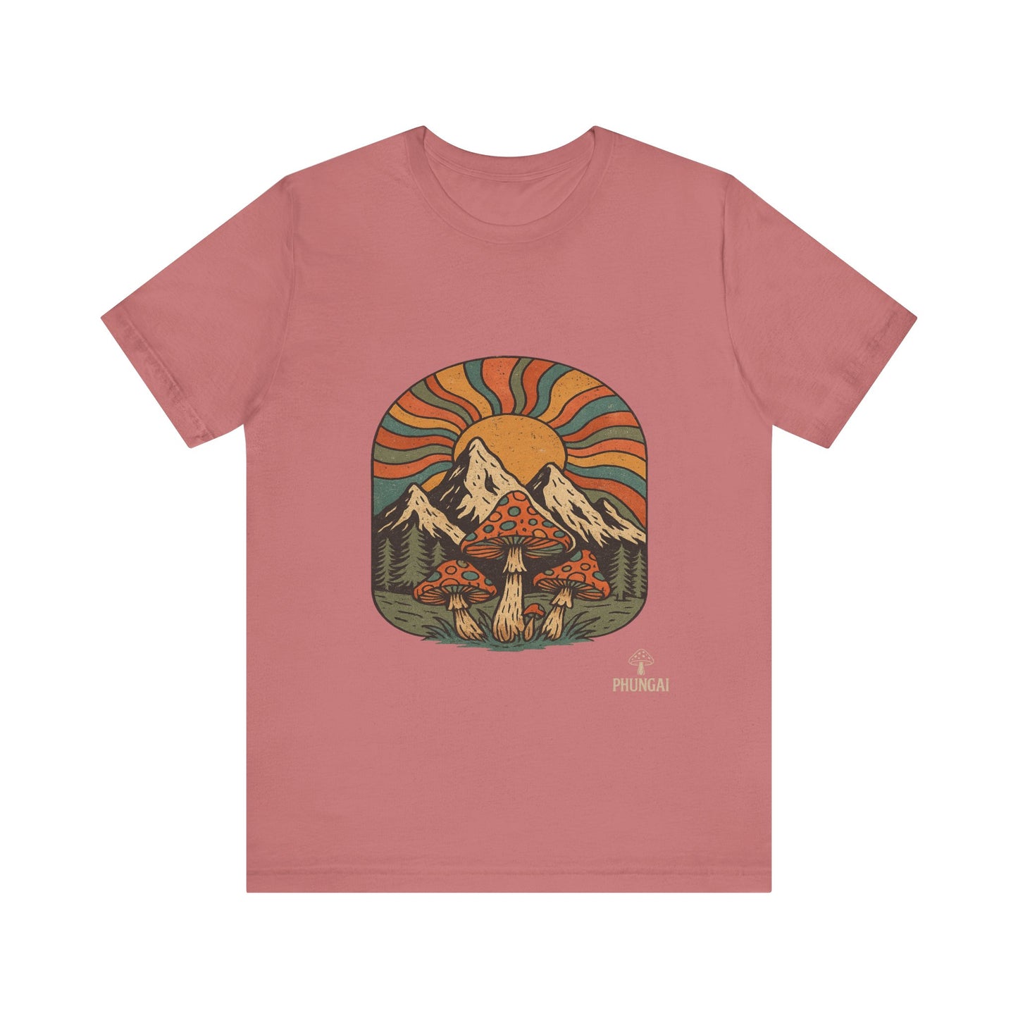 Retro Mountain Mushroom Tee, Nature Lover Gift, Unisex Graphic T-Shirt, Festival Outfit, Boho Style, Outdoor Adventure Apparel