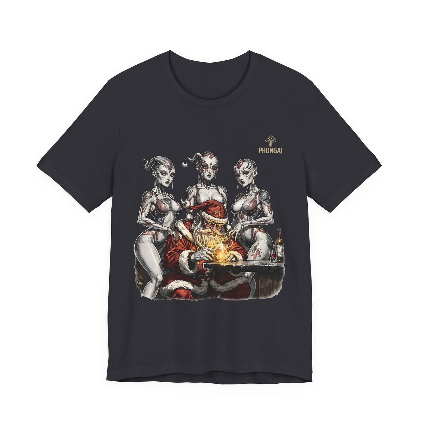 Horror Santa Pinup T-Shirt — Santa Surrounded by Zombie Pinup Girls Christmas Tee