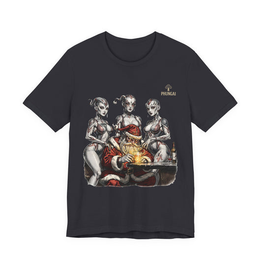 Horror Santa Pinup T-Shirt — Santa Surrounded by Zombie Pinup Girls Christmas Tee