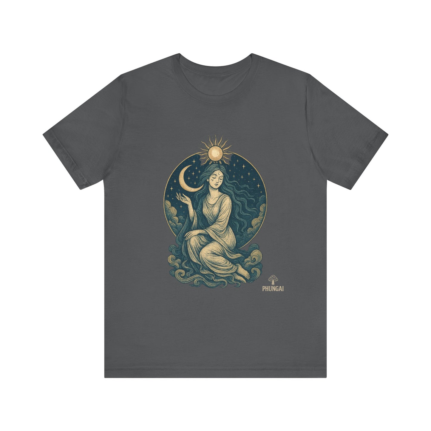 Celestial Goddess Tee, Bohemian Shirt, Moon and Sun Graphic Tee, Unisex Casual Wear, Unique Gift for Dreamers