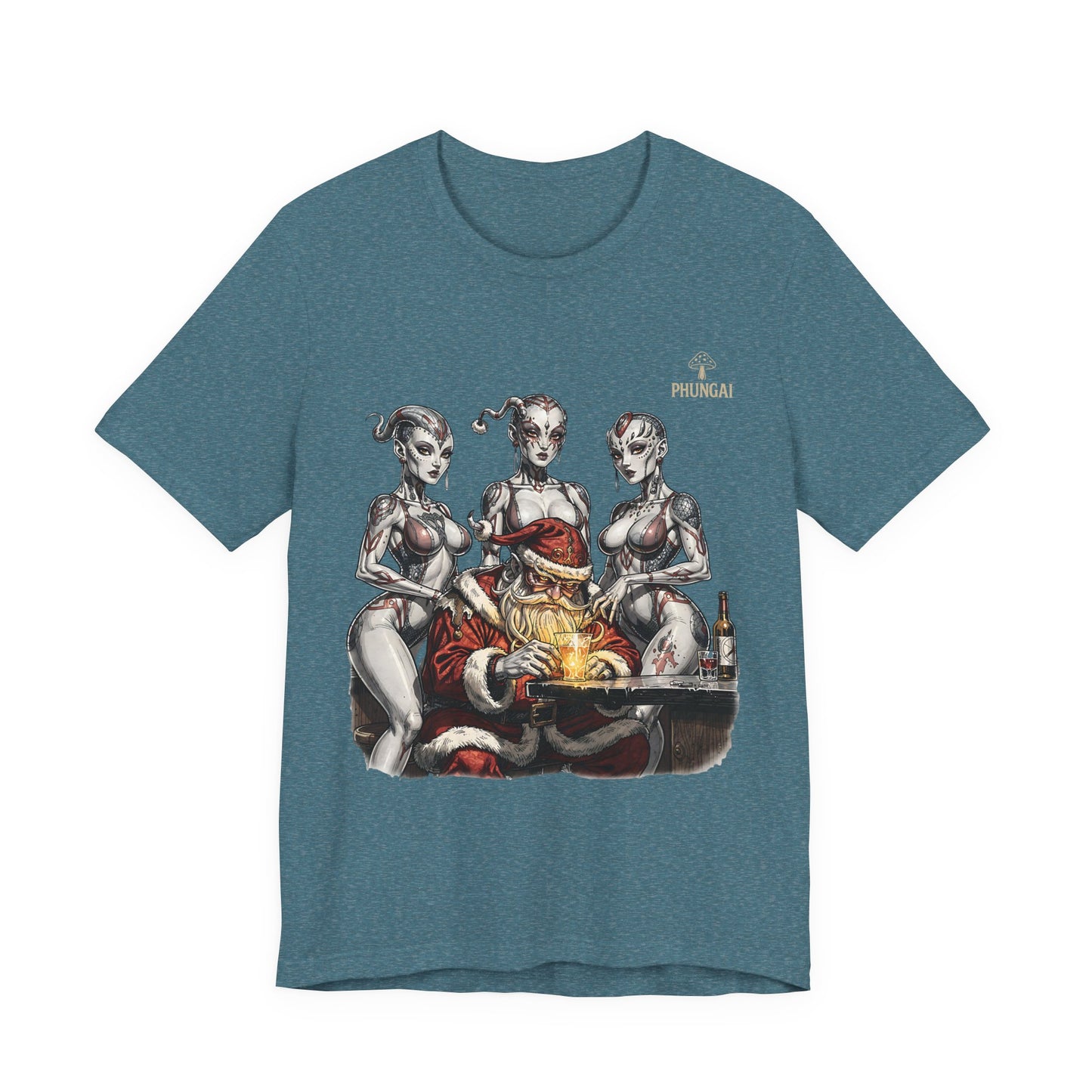 Horror Santa Pinup T-Shirt — Santa Surrounded by Zombie Pinup Girls Christmas Tee