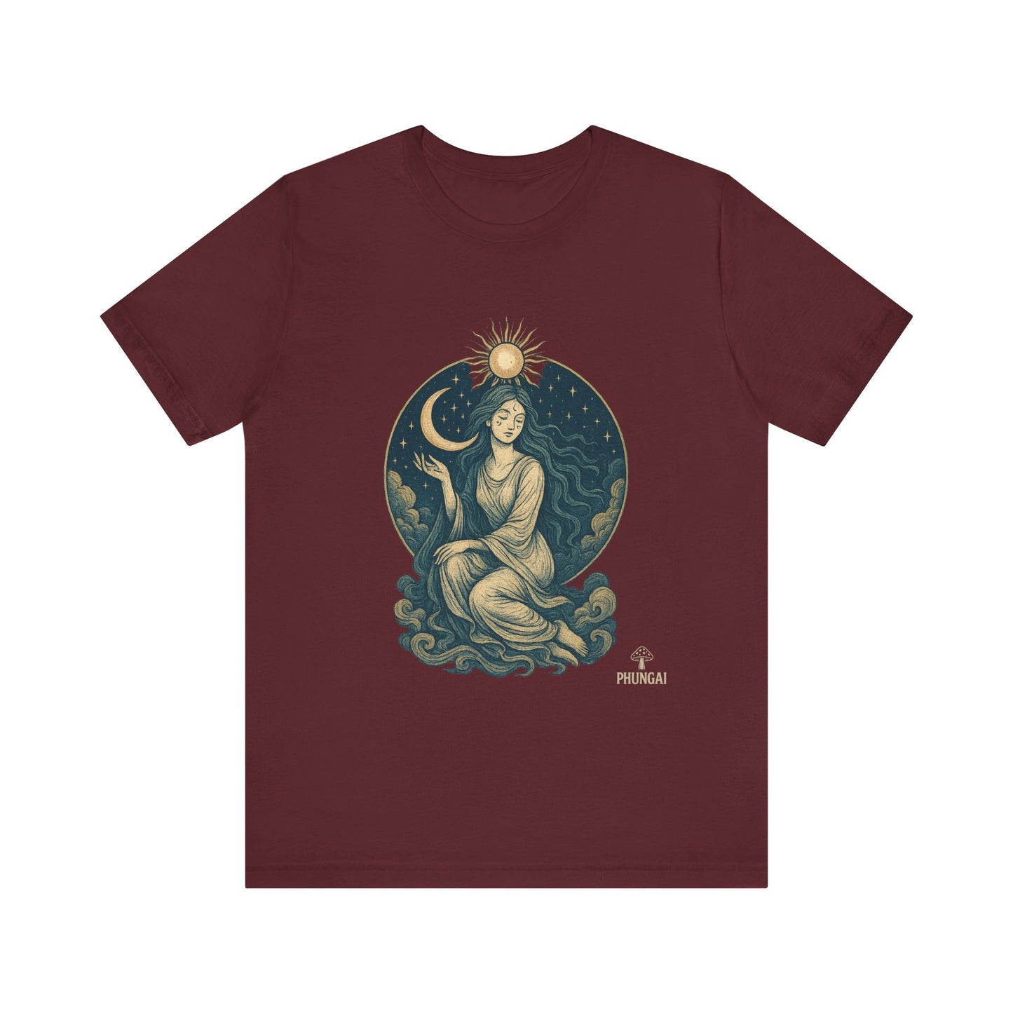 Celestial Goddess Tee, Bohemian Shirt, Moon and Sun Graphic Tee, Unisex Casual Wear, Unique Gift for Dreamers