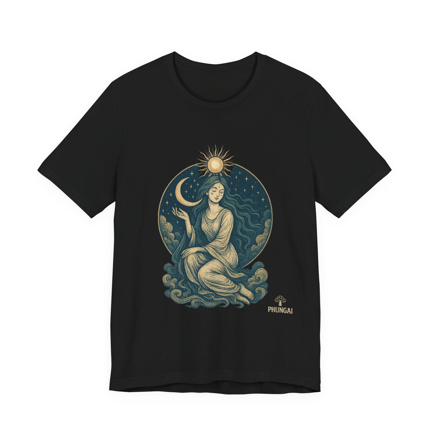 Celestial Goddess Tee, Bohemian Shirt, Moon and Sun Graphic Tee, Unisex Casual Wear, Unique Gift for Dreamers