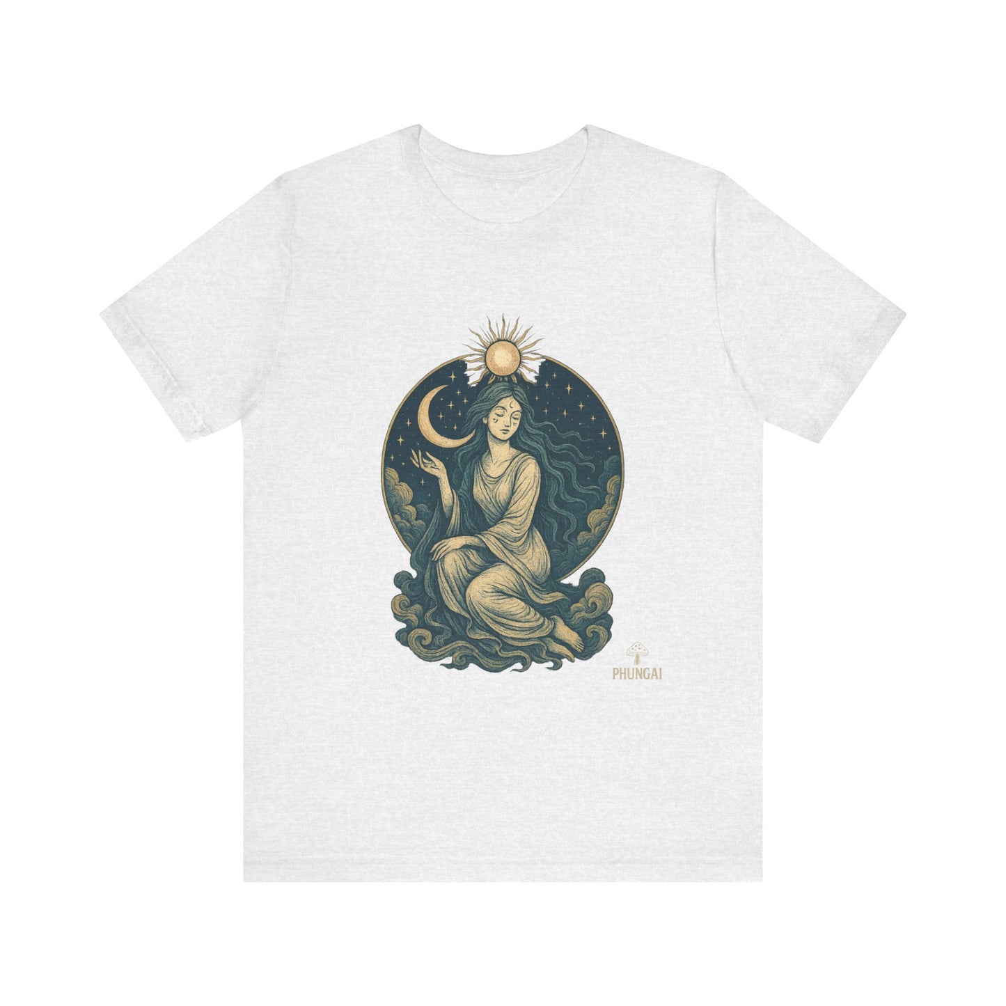 Celestial Goddess Tee, Bohemian Shirt, Moon and Sun Graphic Tee, Unisex Casual Wear, Unique Gift for Dreamers