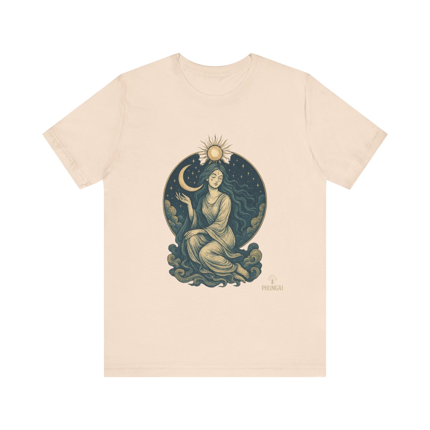 Celestial Goddess Tee, Bohemian Shirt, Moon and Sun Graphic Tee, Unisex Casual Wear, Unique Gift for Dreamers