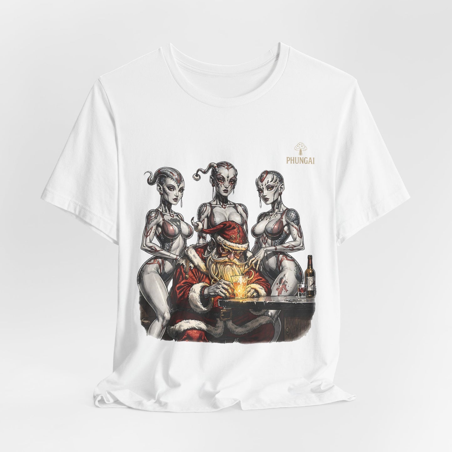 Horror Santa Pinup T-Shirt — Santa Surrounded by Zombie Pinup Girls Christmas Tee