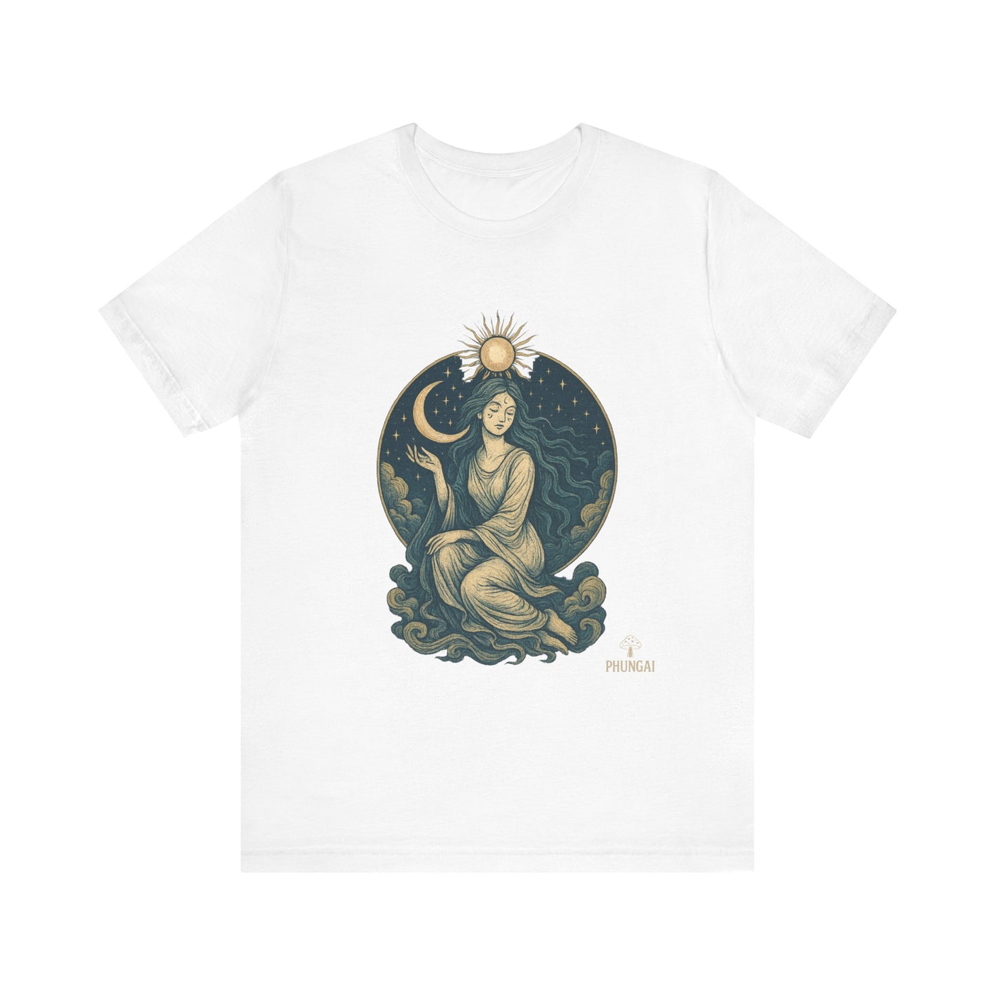 Celestial Goddess Tee, Bohemian Shirt, Moon and Sun Graphic Tee, Unisex Casual Wear, Unique Gift for Dreamers