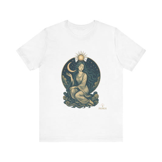 Celestial Goddess Tee, Bohemian Shirt, Moon and Sun Graphic Tee, Unisex Casual Wear, Unique Gift for Dreamers