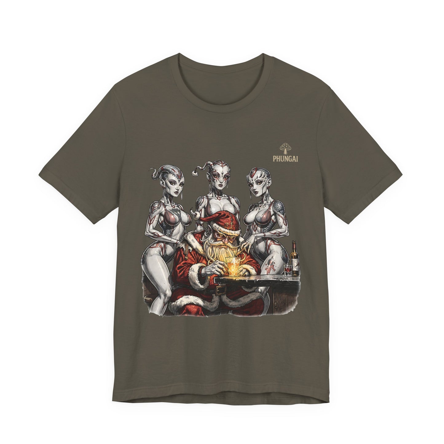 Horror Santa Pinup T-Shirt — Santa Surrounded by Zombie Pinup Girls Christmas Tee