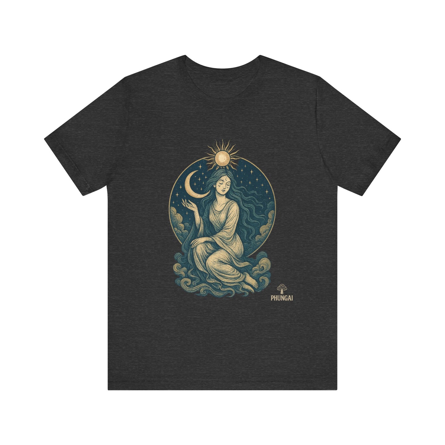 Celestial Goddess Tee, Bohemian Shirt, Moon and Sun Graphic Tee, Unisex Casual Wear, Unique Gift for Dreamers