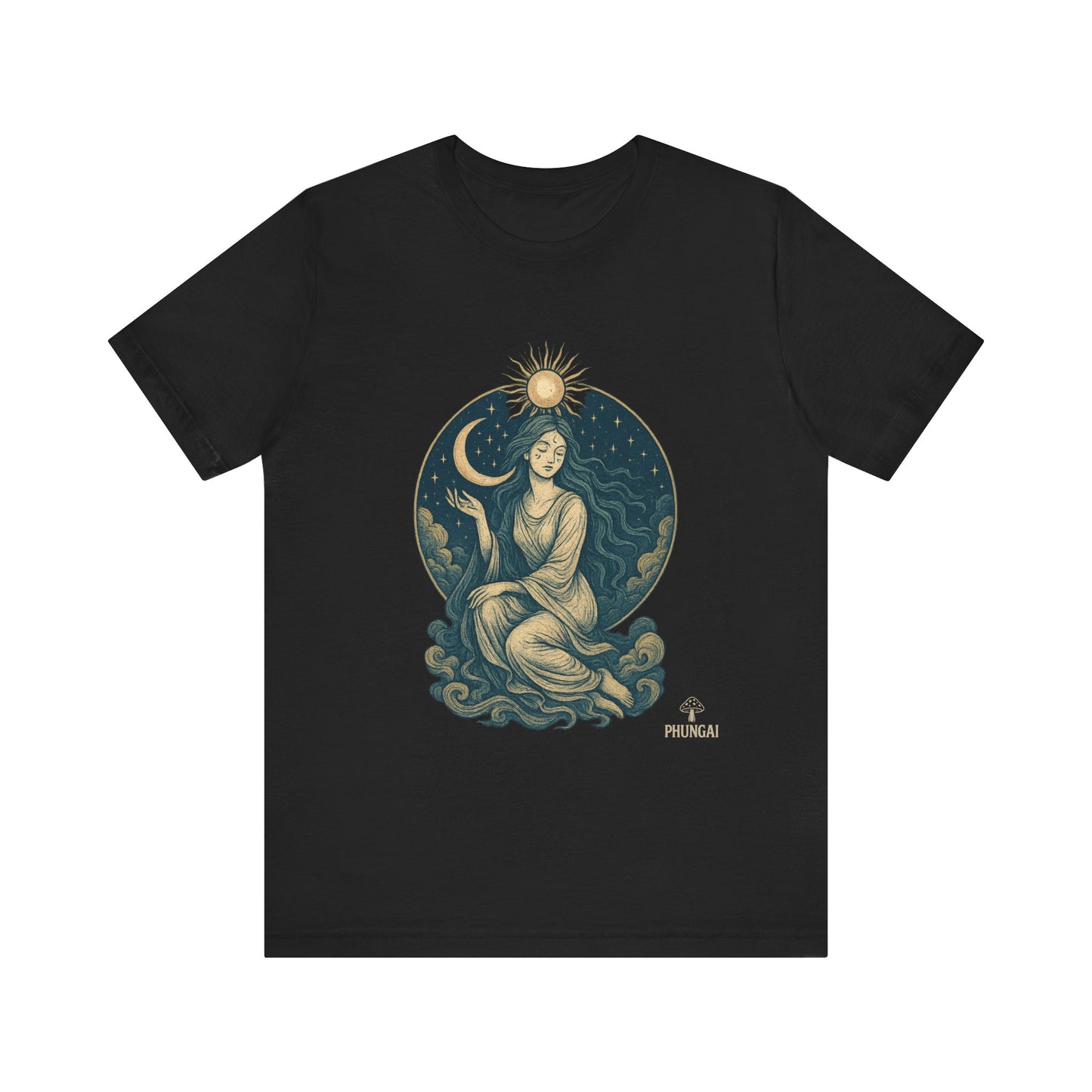 Celestial Goddess Tee, Bohemian Shirt, Moon and Sun Graphic Tee, Unisex Casual Wear, Unique Gift for Dreamers