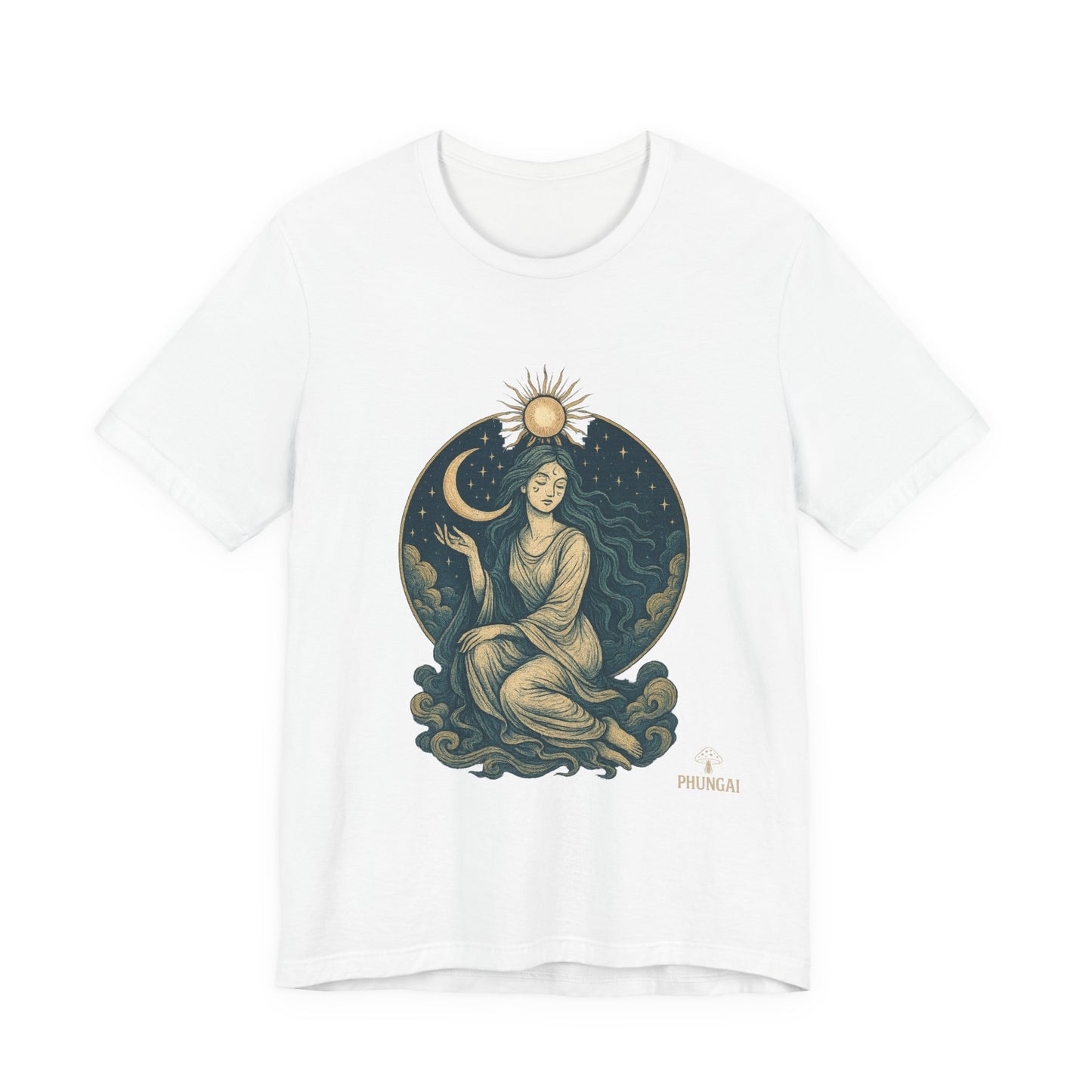 Celestial Goddess Tee, Bohemian Shirt, Moon and Sun Graphic Tee, Unisex Casual Wear, Unique Gift for Dreamers