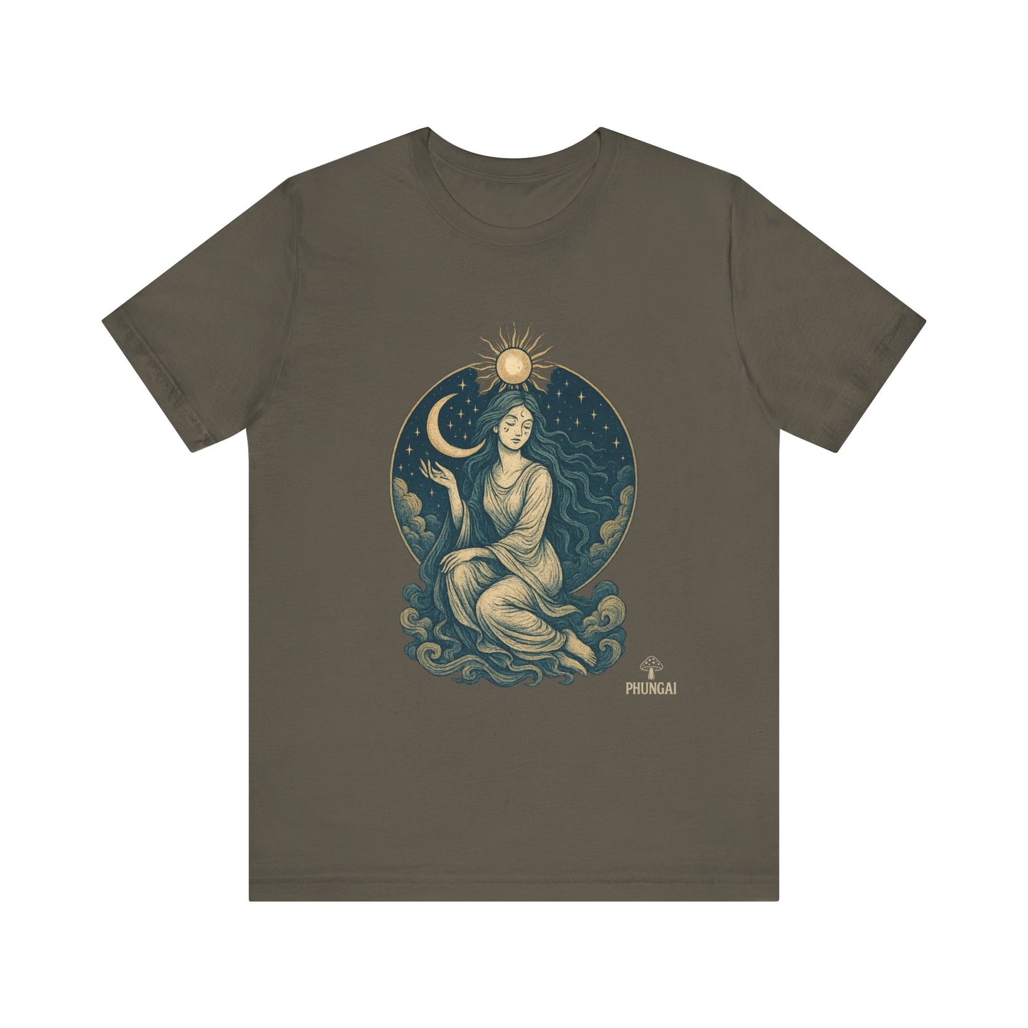 Celestial Goddess Tee, Bohemian Shirt, Moon and Sun Graphic Tee, Unisex Casual Wear, Unique Gift for Dreamers