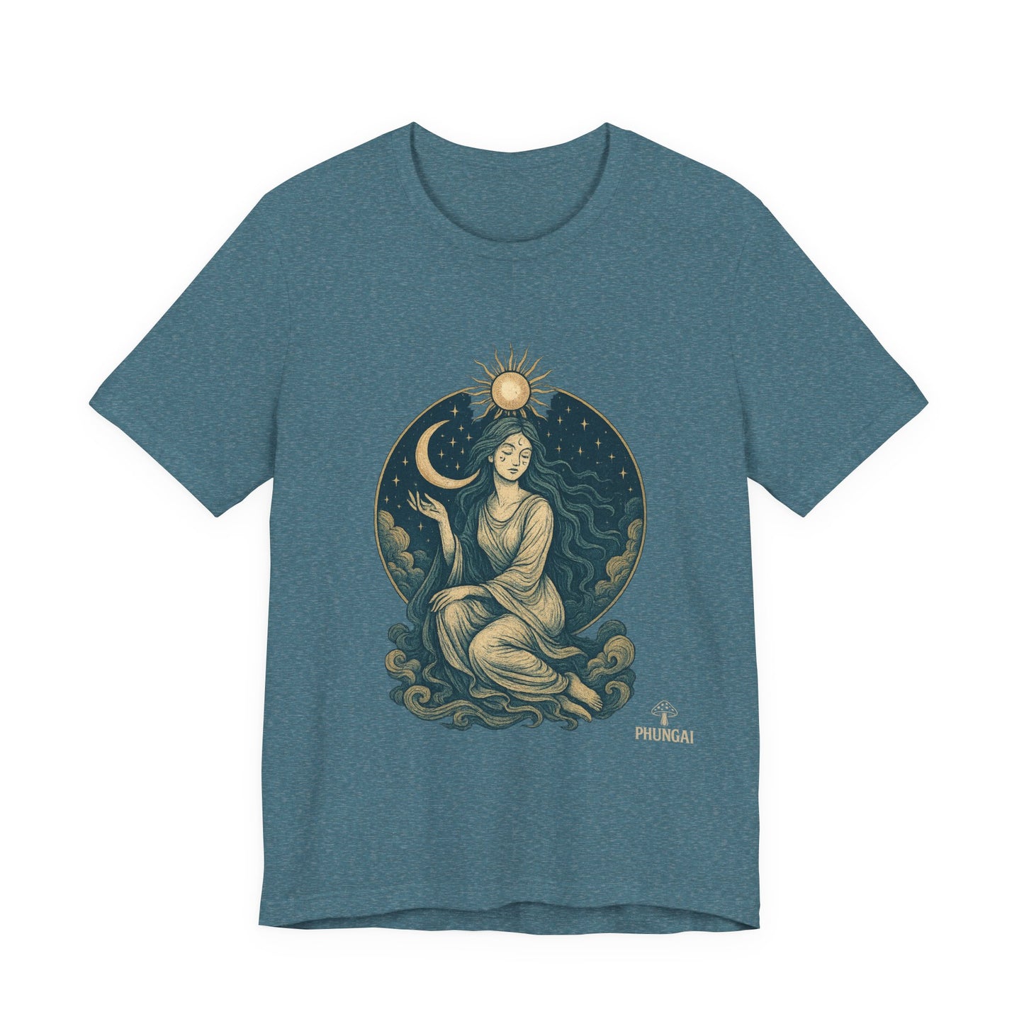 Celestial Goddess Tee, Bohemian Shirt, Moon and Sun Graphic Tee, Unisex Casual Wear, Unique Gift for Dreamers