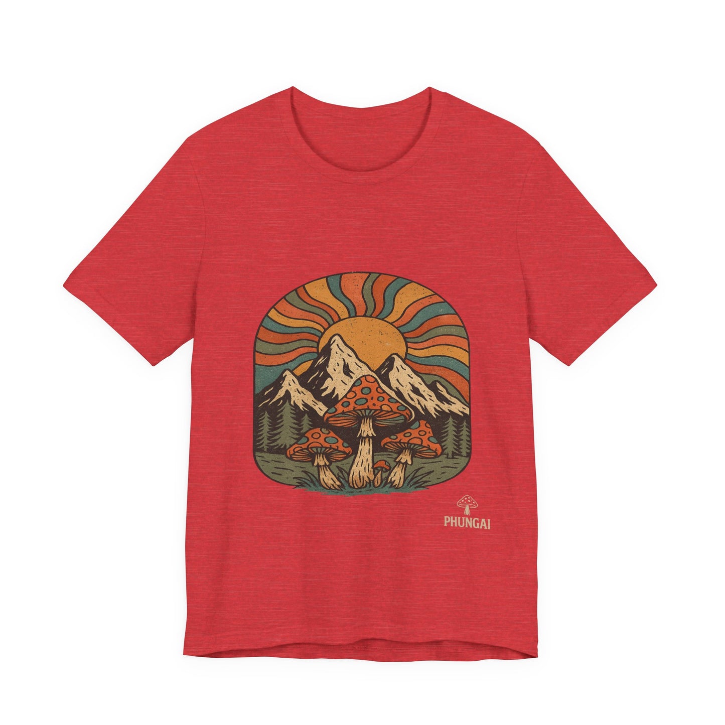 Retro Mountain Mushroom Tee, Nature Lover Gift, Unisex Graphic T-Shirt, Festival Outfit, Boho Style, Outdoor Adventure Apparel