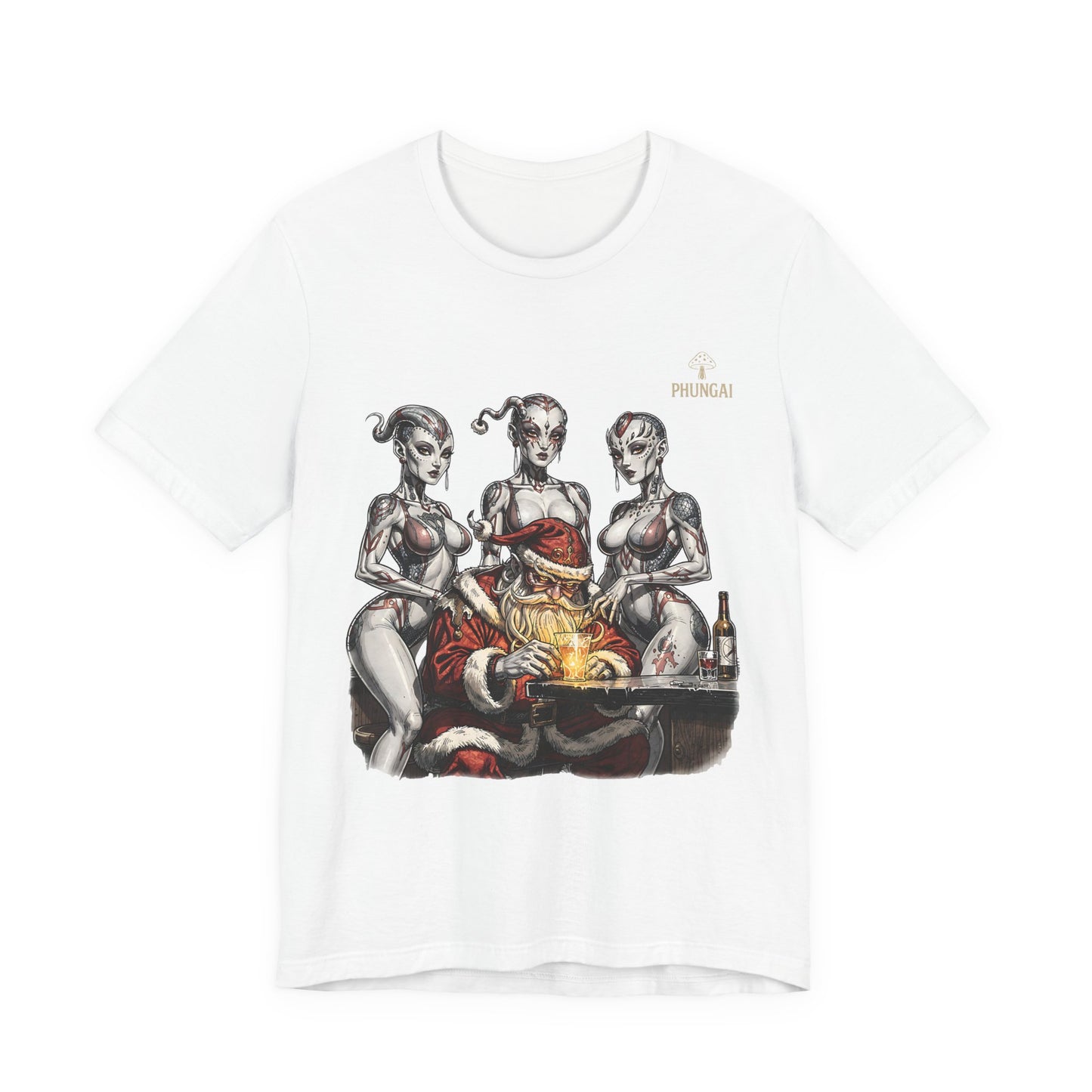 Horror Santa Pinup T-Shirt — Santa Surrounded by Zombie Pinup Girls Christmas Tee