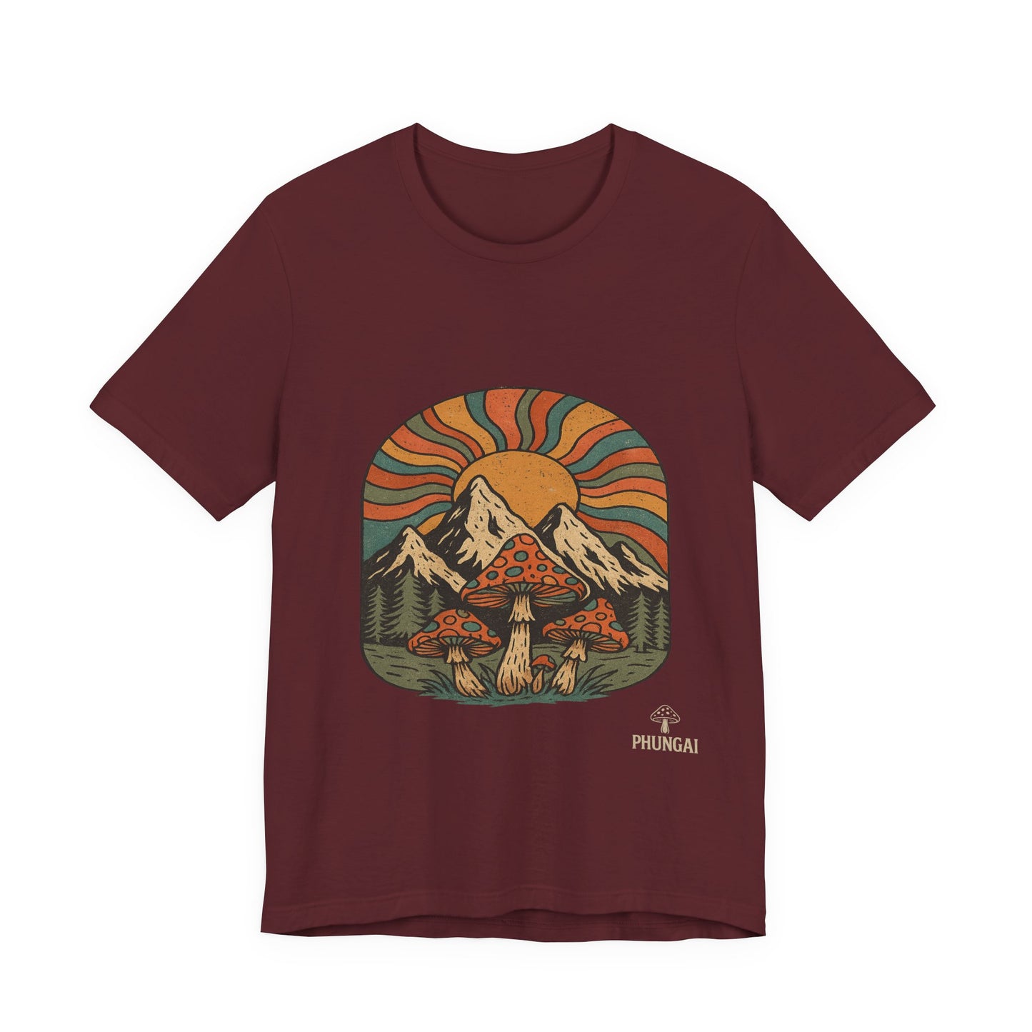 Retro Mountain Mushroom Tee, Nature Lover Gift, Unisex Graphic T-Shirt, Festival Outfit, Boho Style, Outdoor Adventure Apparel