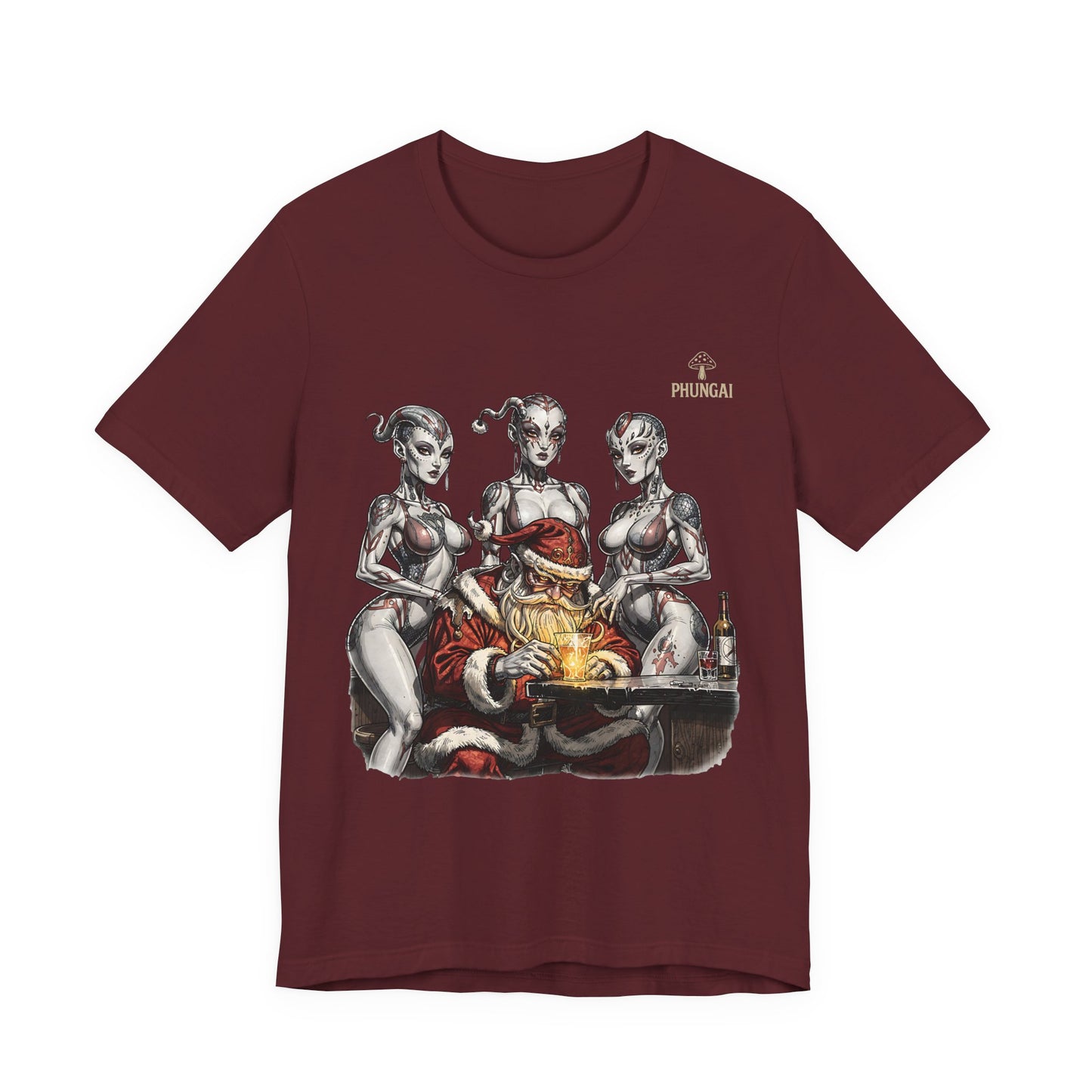 Horror Santa Pinup T-Shirt — Santa Surrounded by Zombie Pinup Girls Christmas Tee