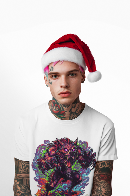 Multicolor Demon Wolf Illustration Tee | Neon Mythic Beast Shirt