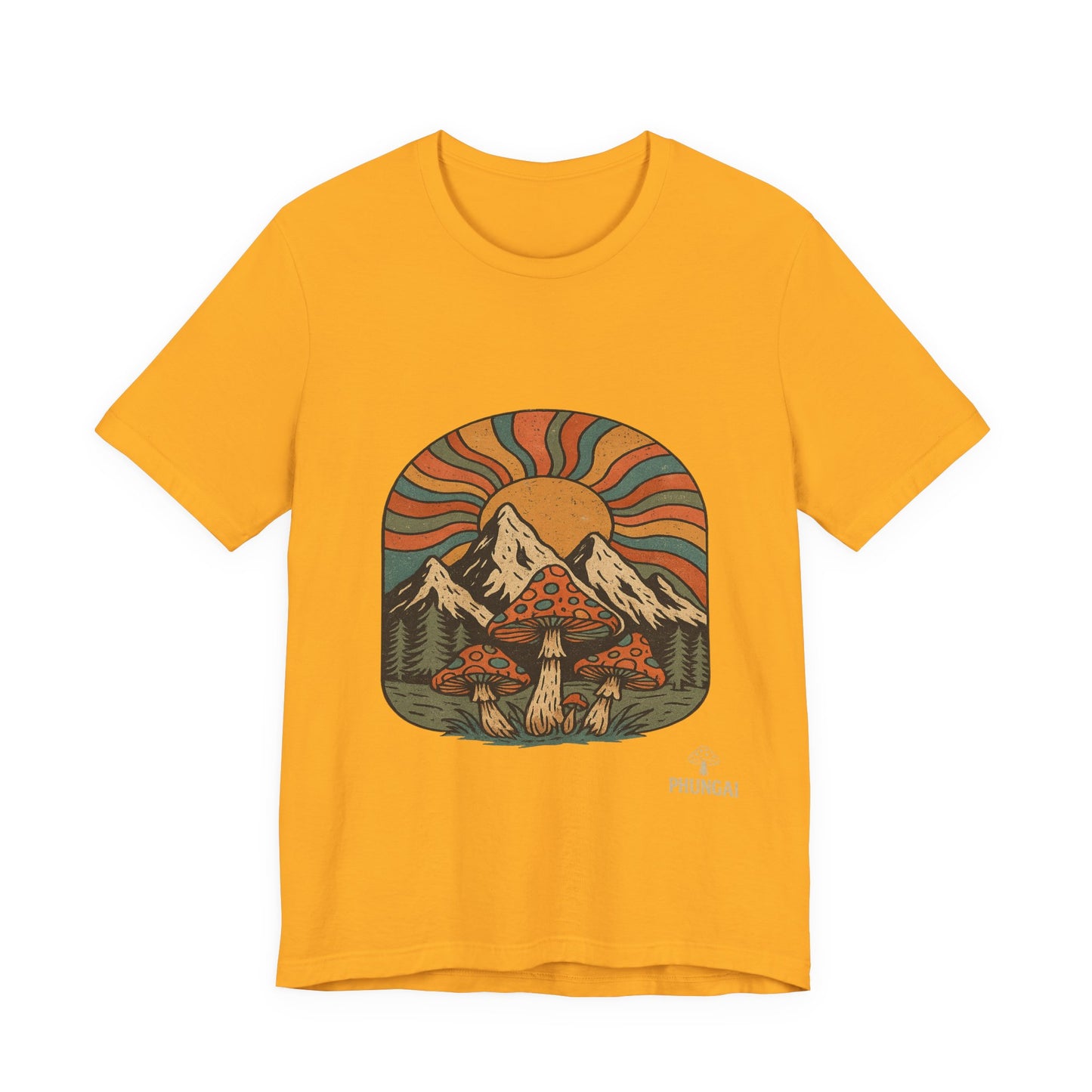 Retro Mountain Mushroom Tee, Nature Lover Gift, Unisex Graphic T-Shirt, Festival Outfit, Boho Style, Outdoor Adventure Apparel